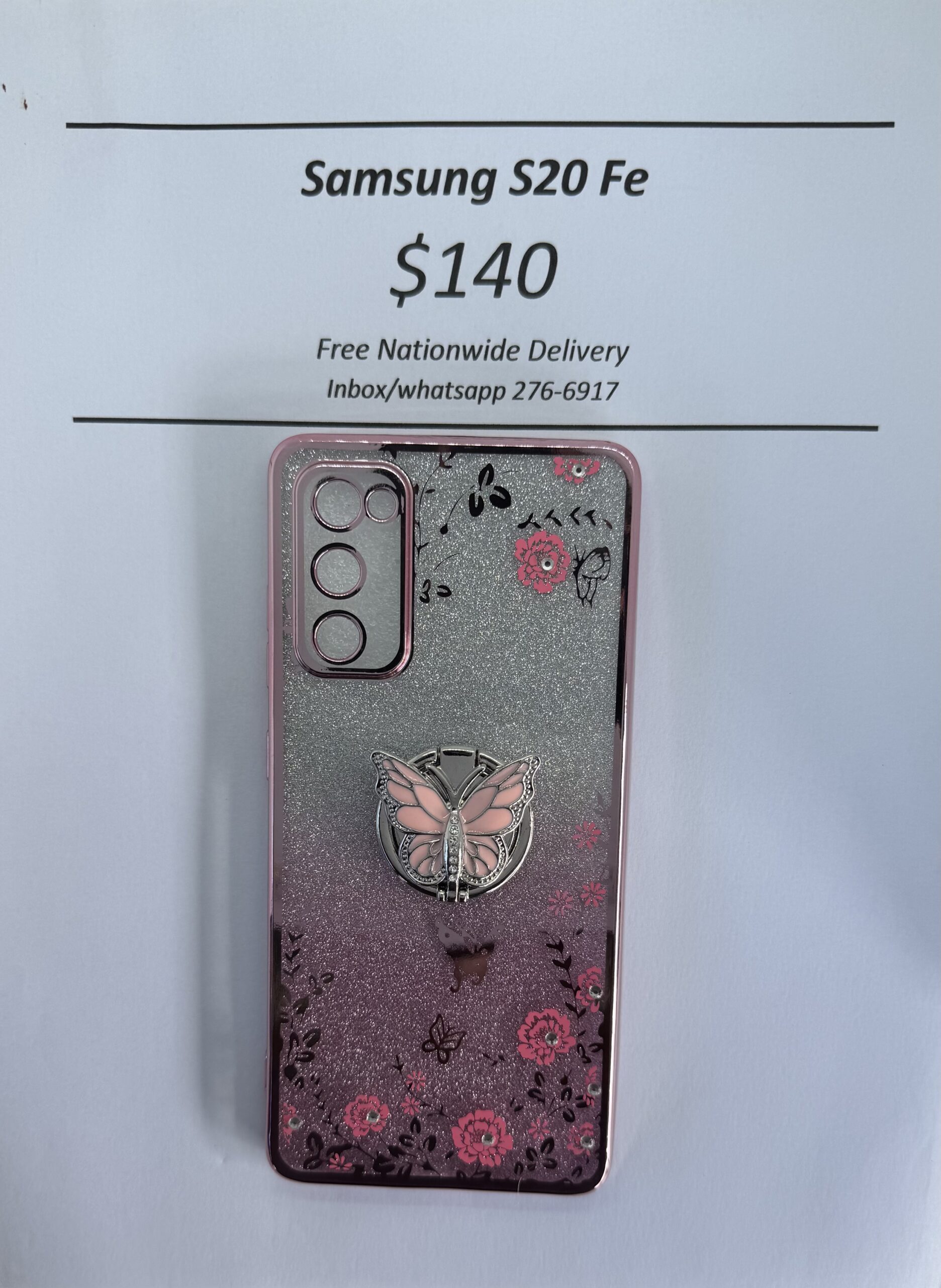 S20 FE Pink Glitter Butterfly with Pop Ring