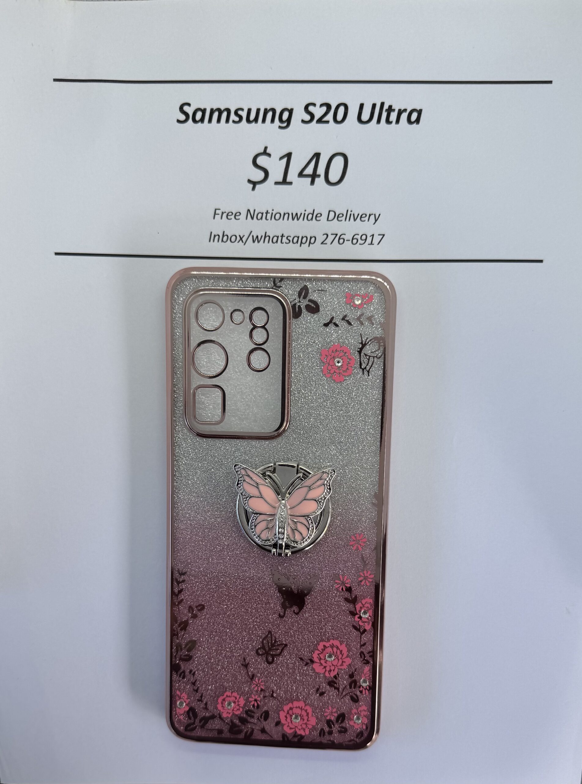 S20 Ultra Pink Glitter Butterfly with Pop Ring