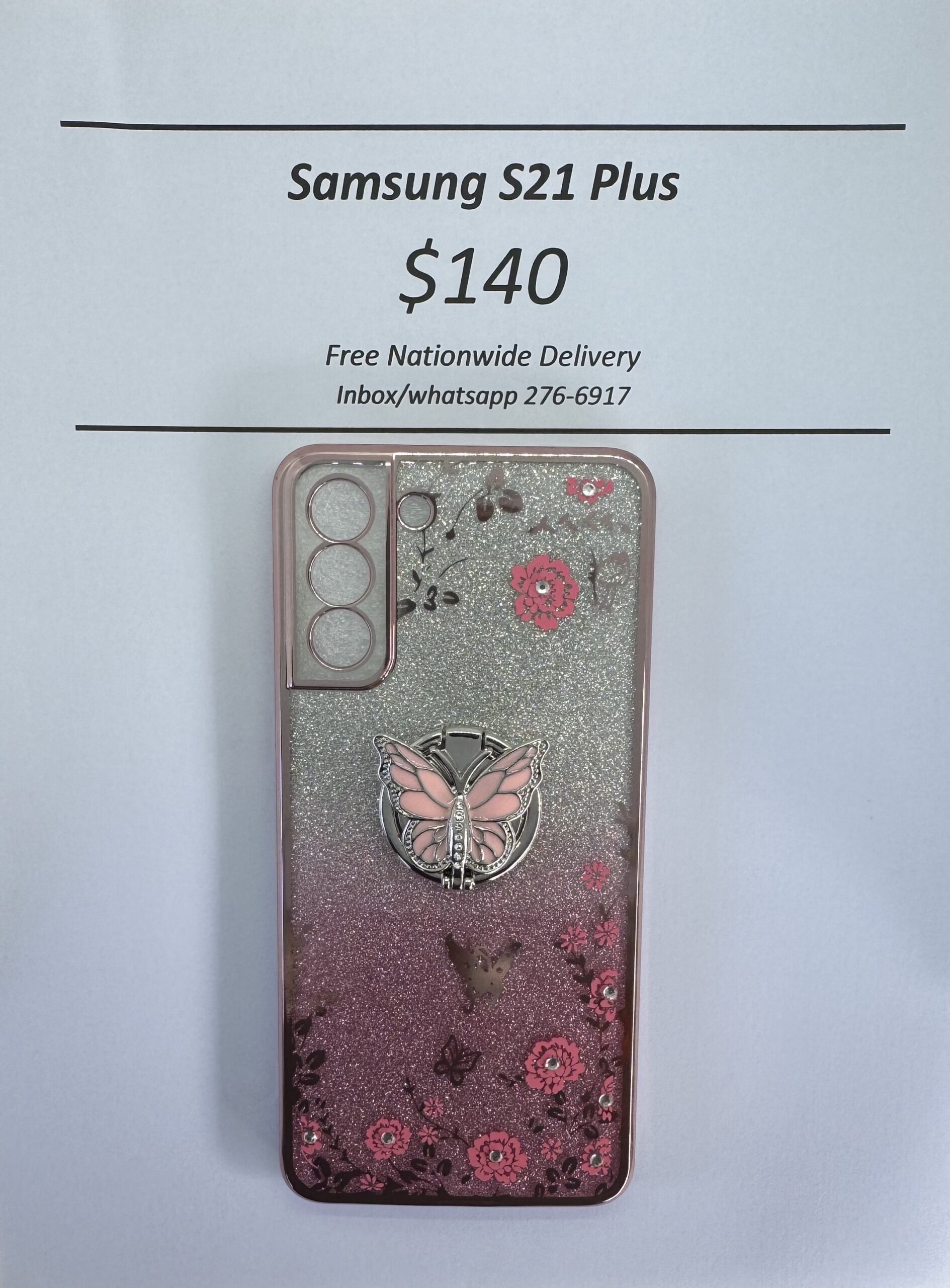 S21 Plus Pink Glitter Butterfly with Pop Ring