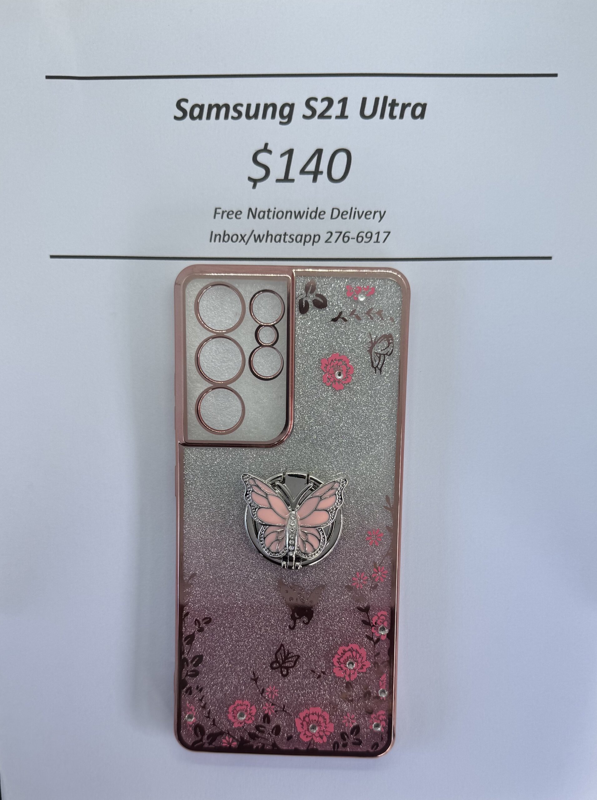 S21 Ultra Pink Glitter Butterfly with Pop Ring