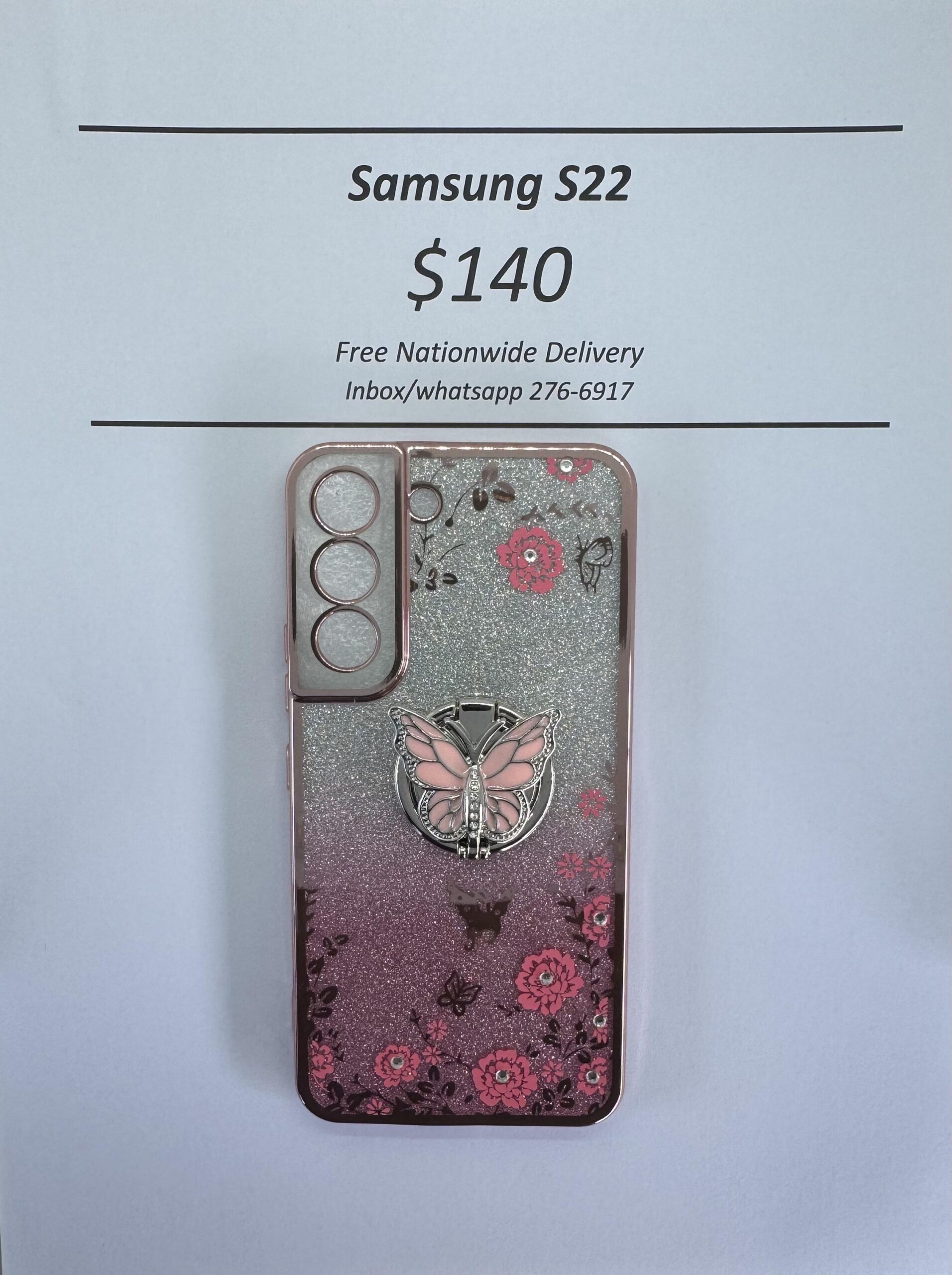 S22 Pink Glitter Butterfly with Pop Ring