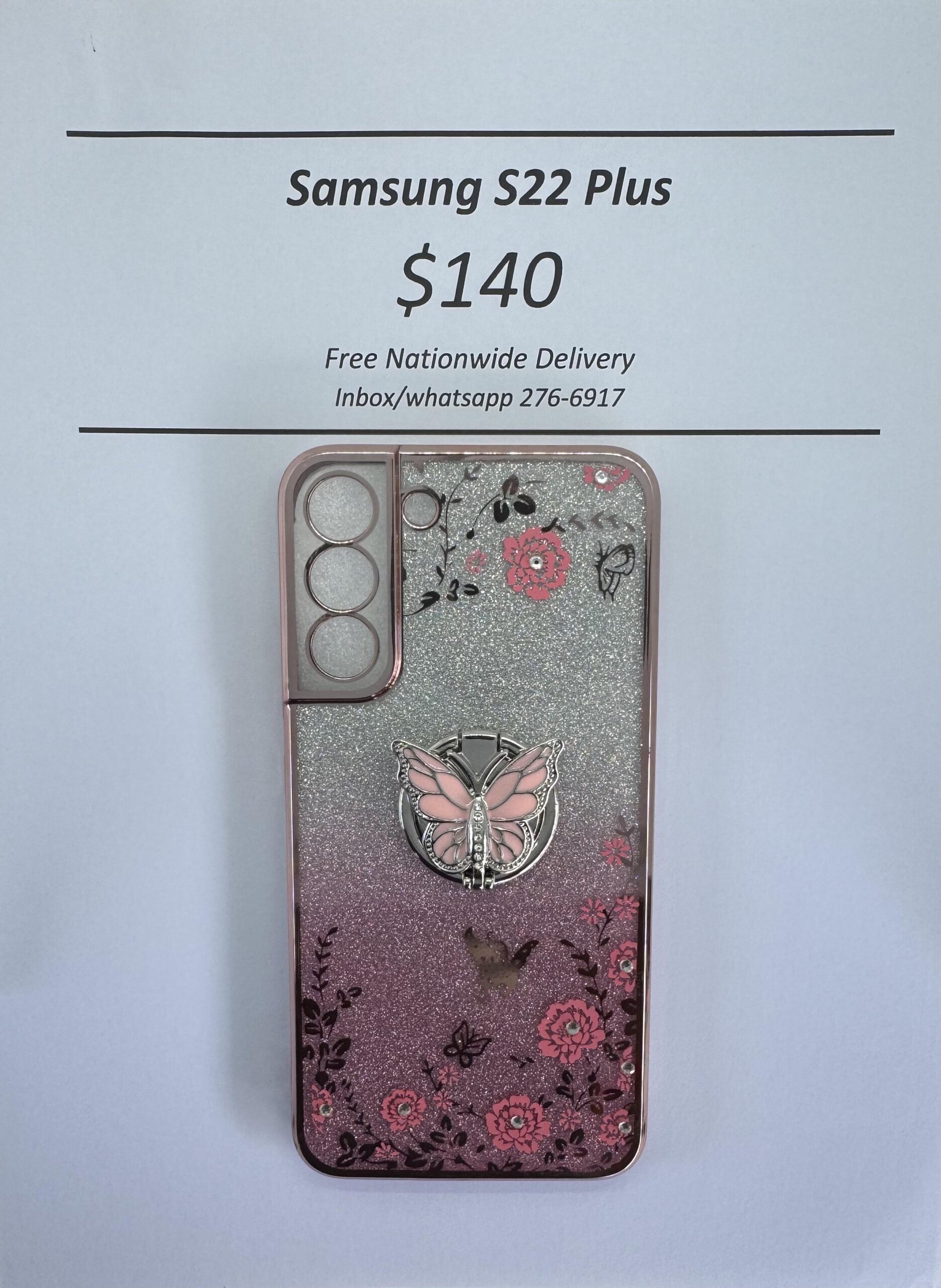 S22 Plus Pink Glitter Butterfly with Pop Ring