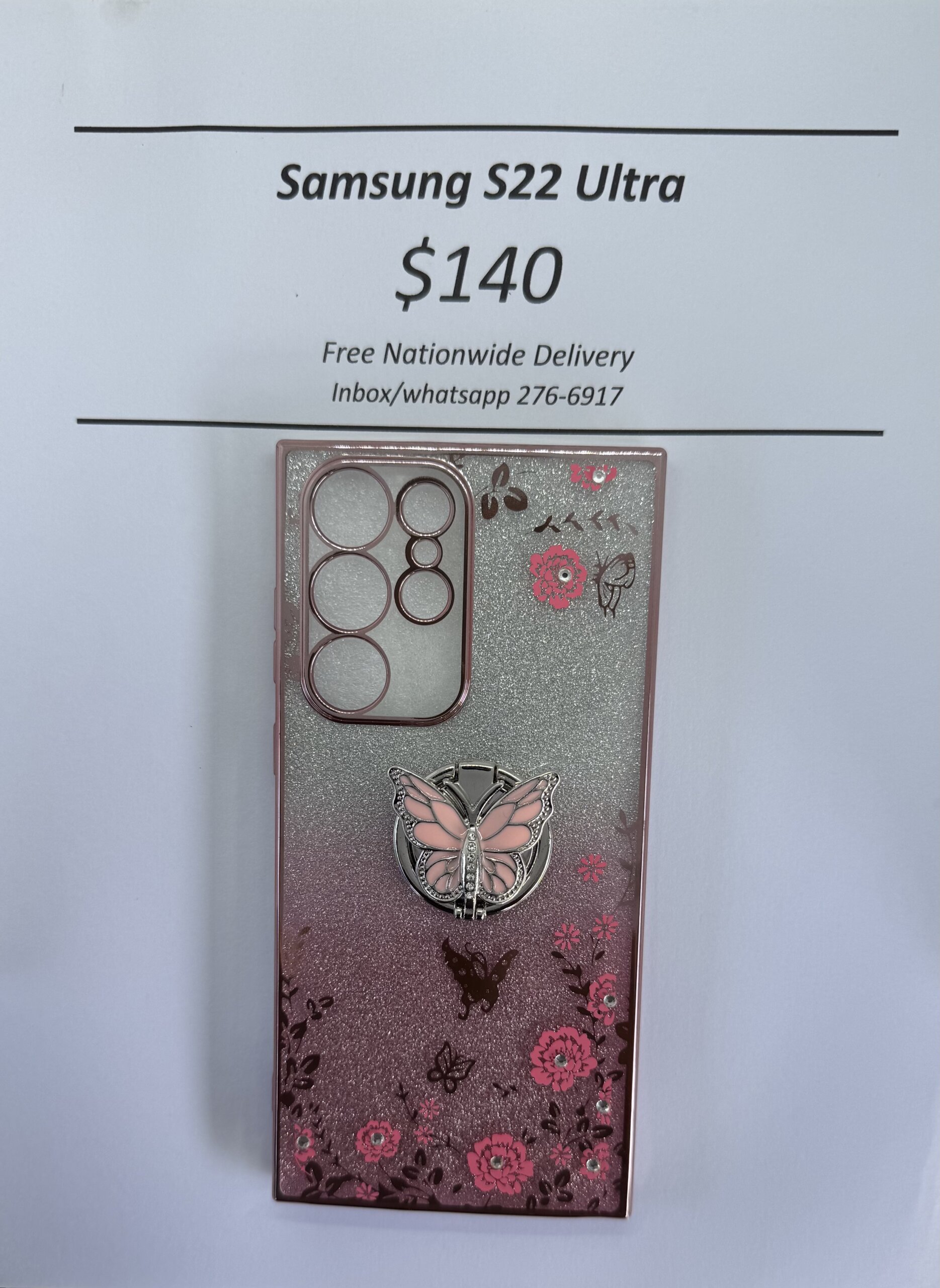 S22 Ultra Pink Glitter Butterfly with Pop Ring