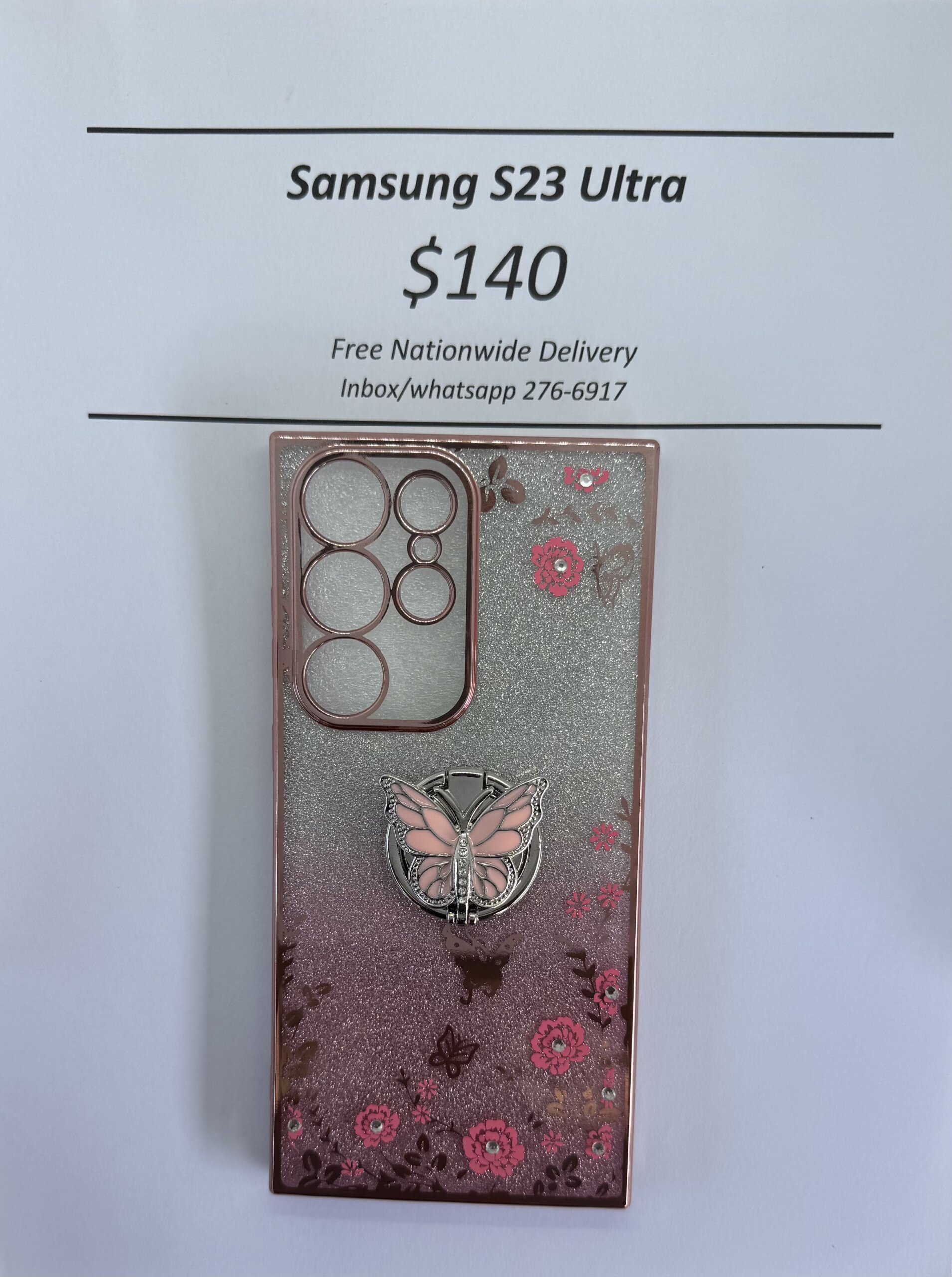 S23 Ultra Pink Glitter Butterfly with Pop Ring