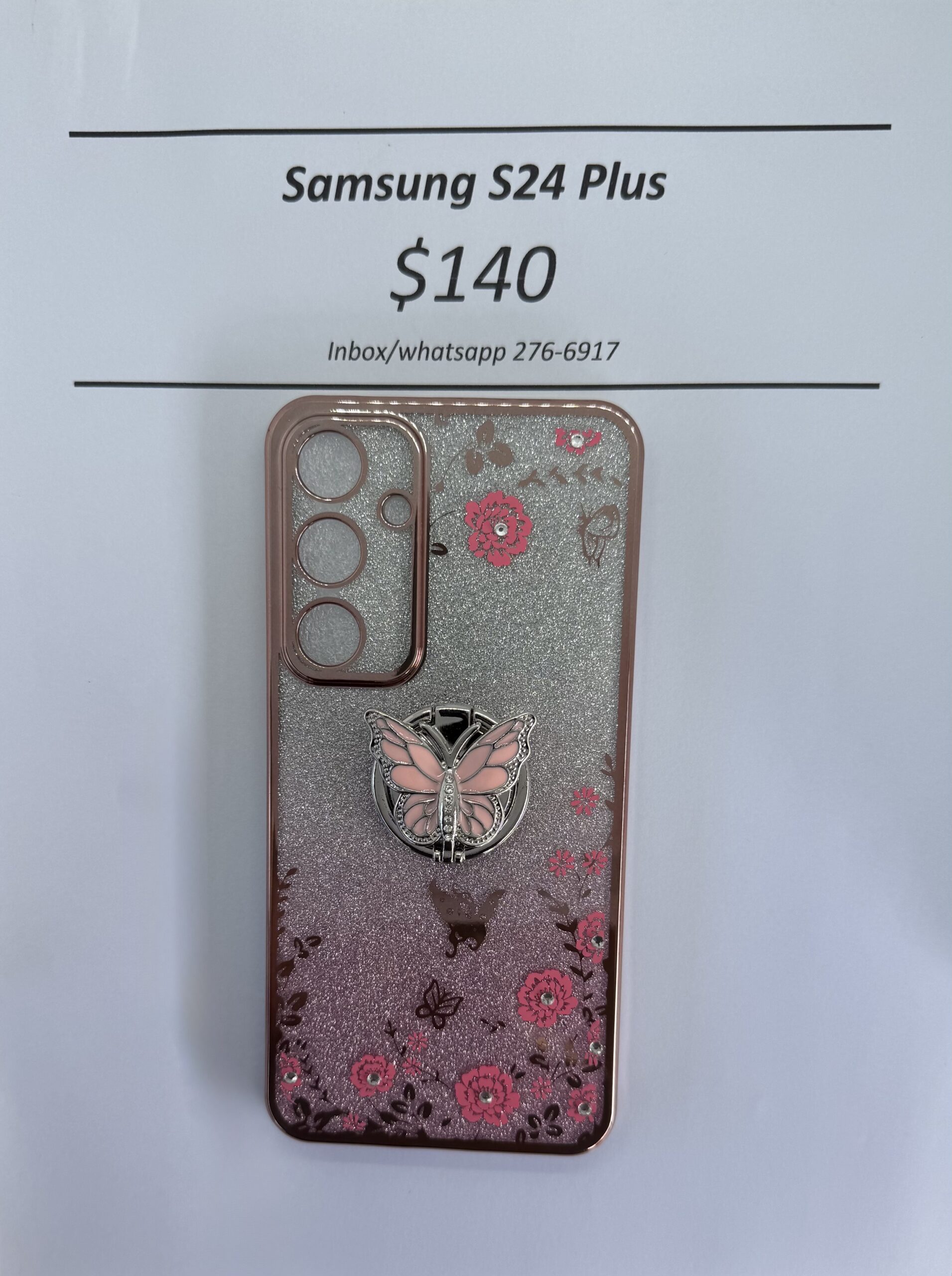 S24 Plus Pink Glitter Butterfly with Pop Ring