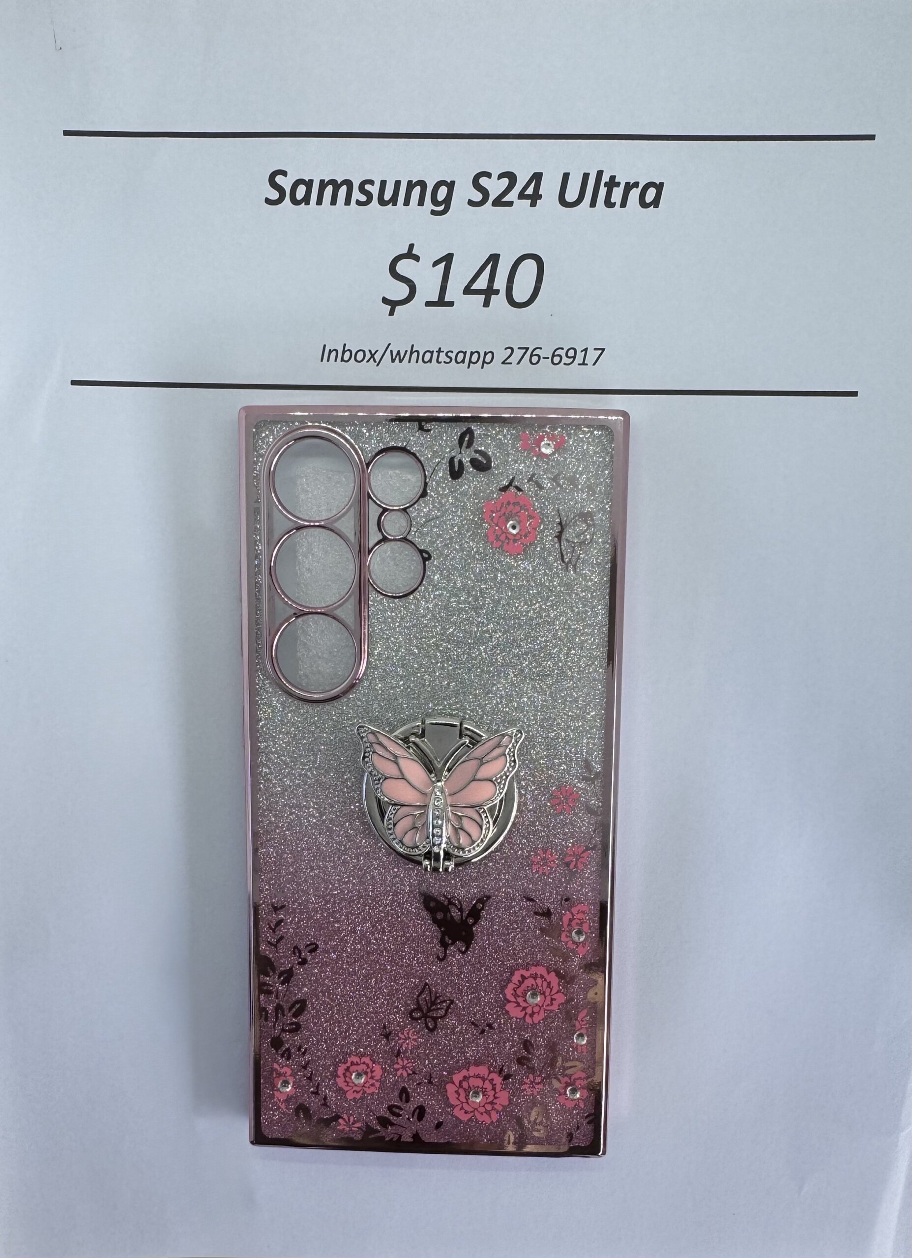 S24 Ultra Pink Glitter Butterfly with Pop Ring