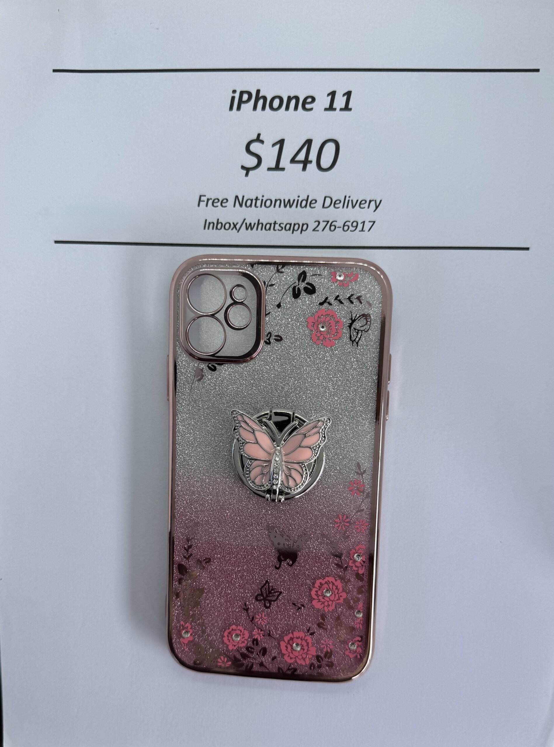 iPhone 11 Pink Glitter Butterfly with Pop Ring