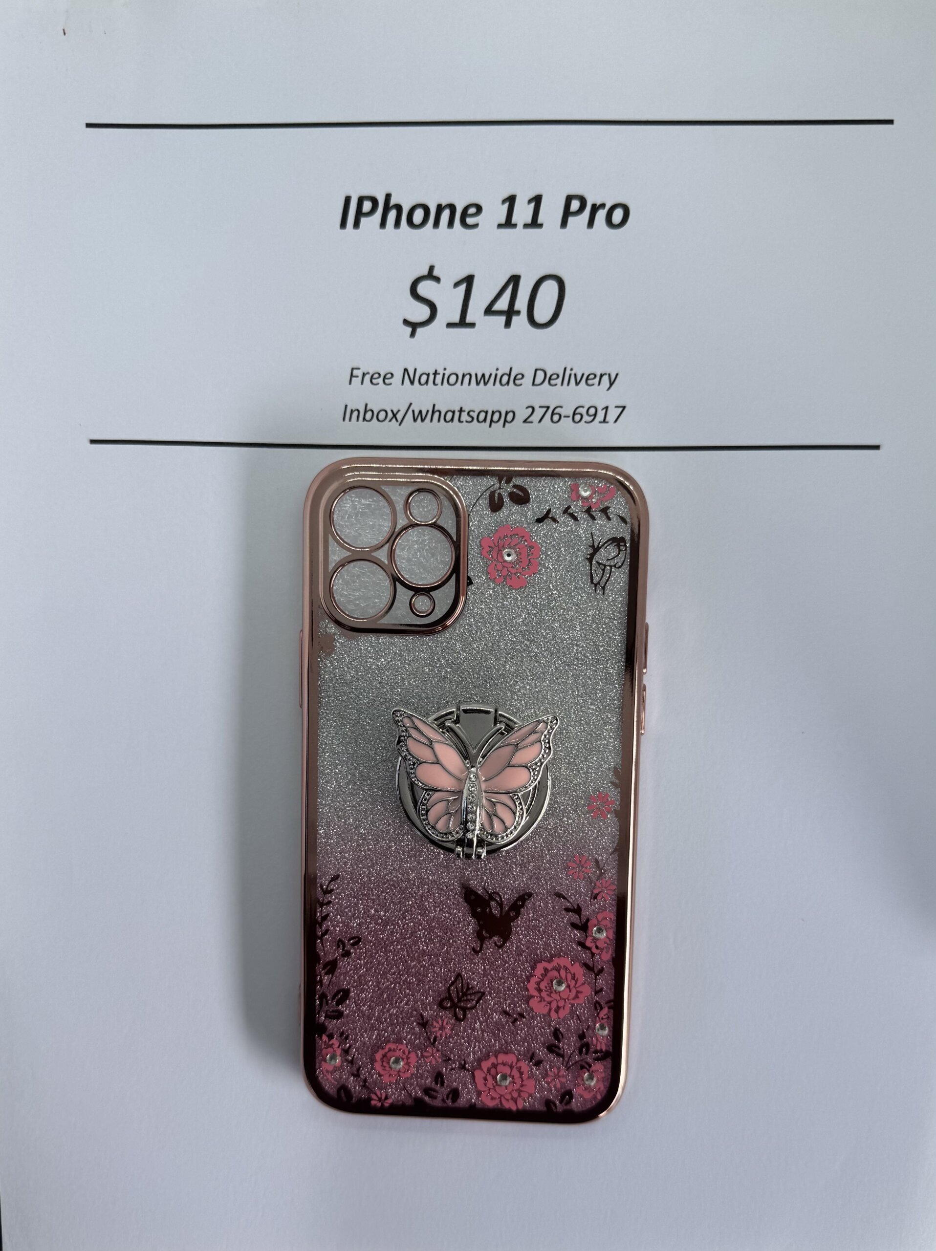 iPhone 11 Pro Pink Glitter Butterfly with Pop Ring