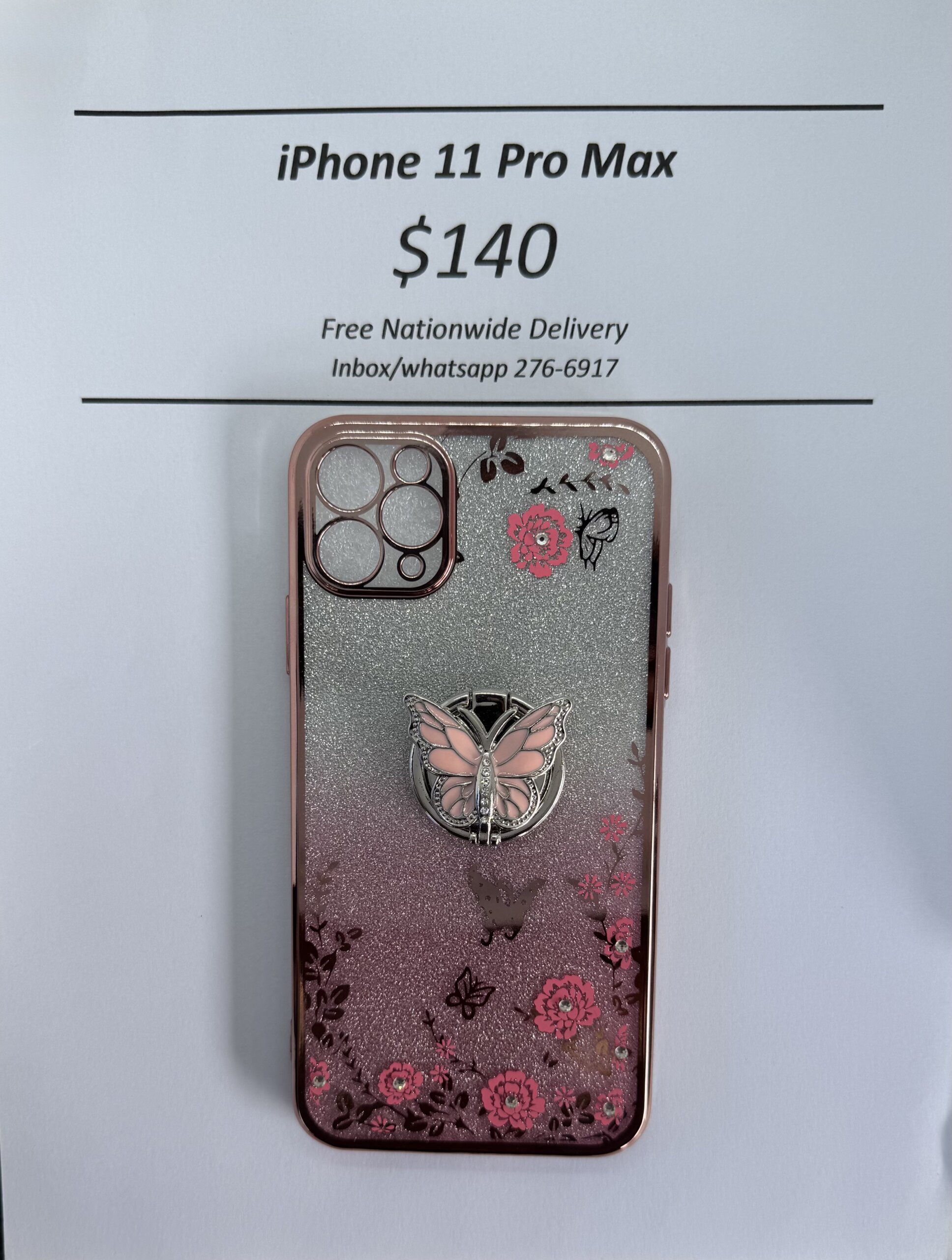 iPhone 11 Pro Max Pink Glitter Butterfly with Pop Ring