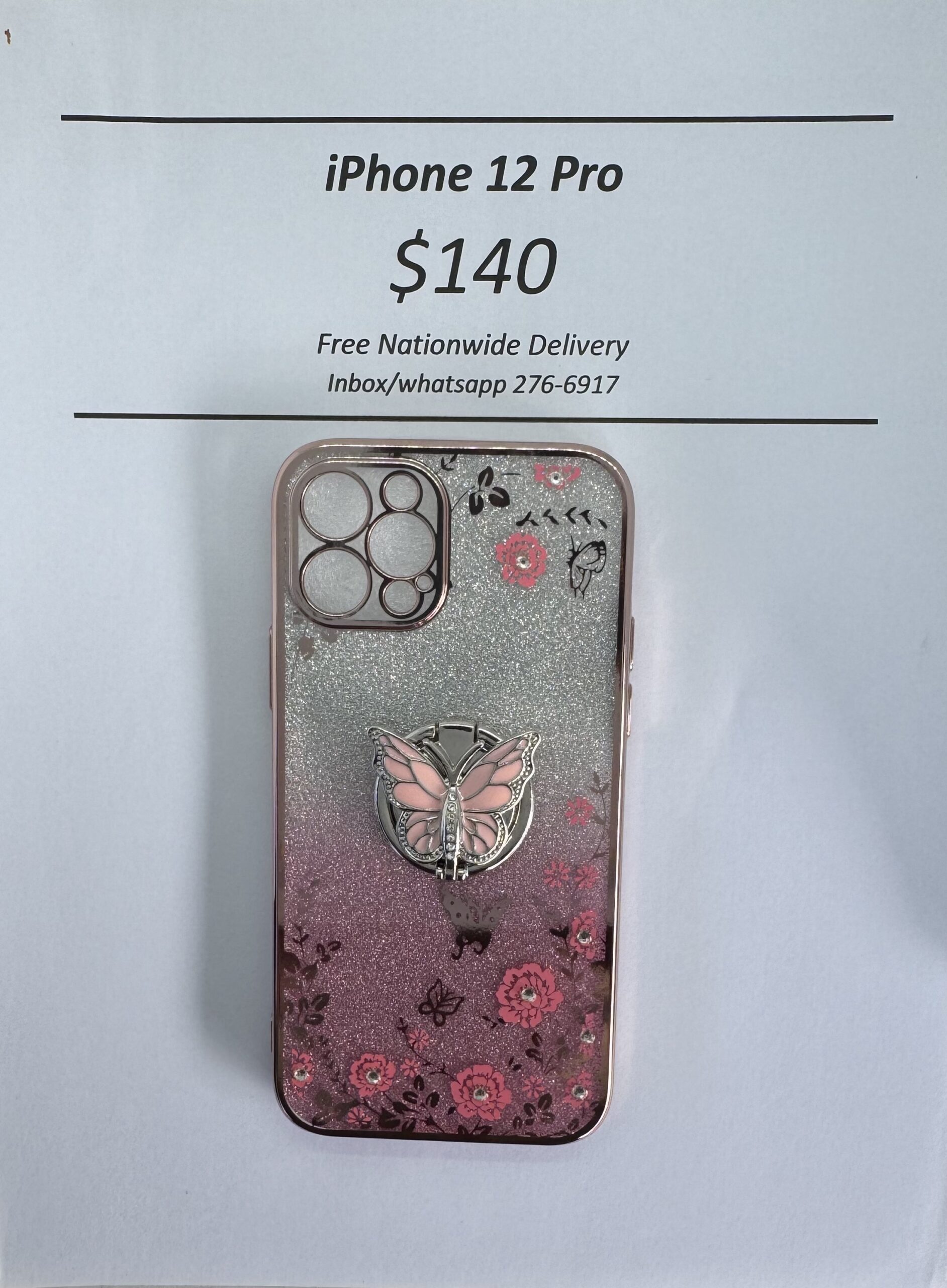 iPhone 12 Pro Pink Glitter Butterfly with Pop Ring