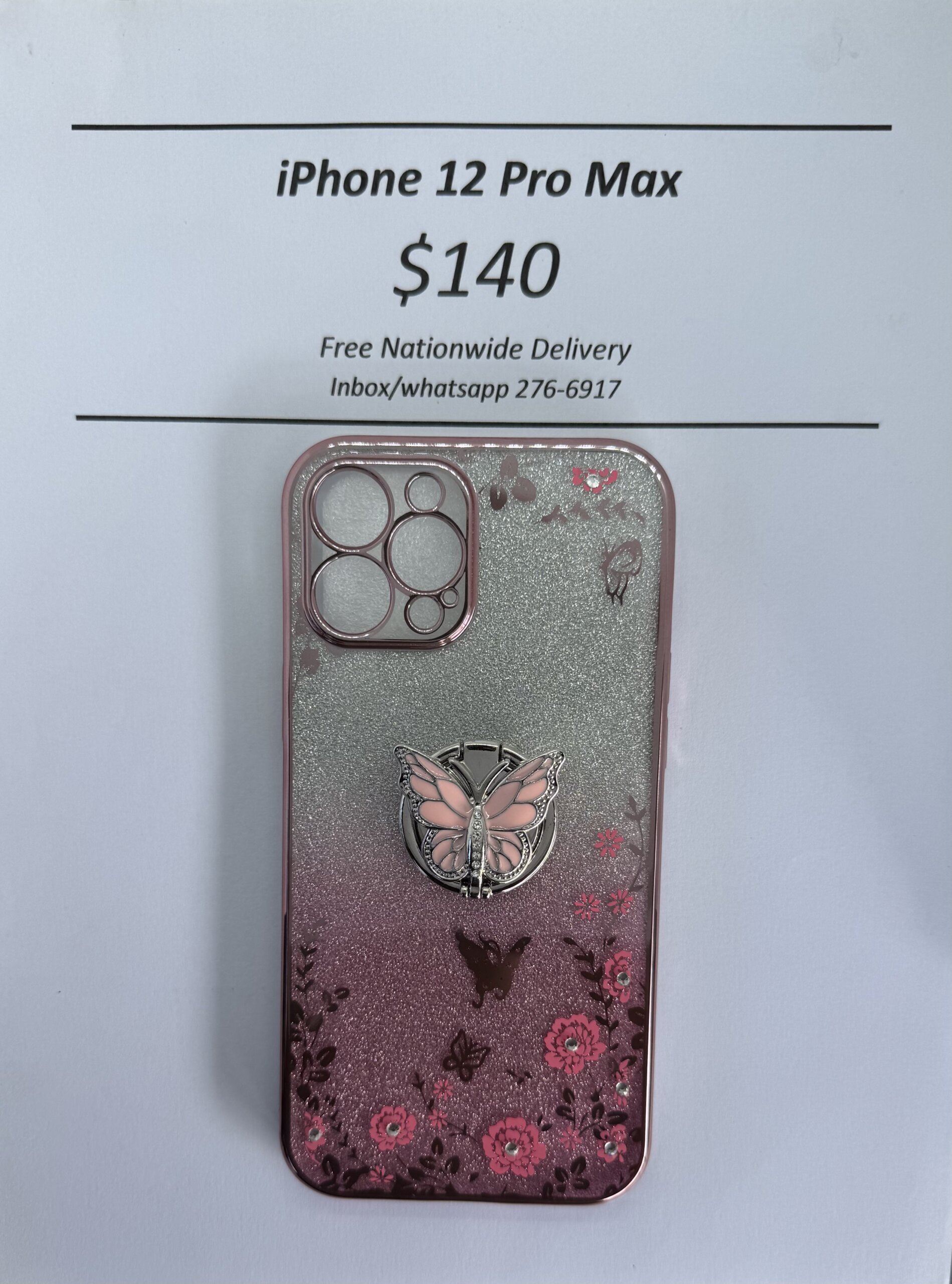 iPhone 12 Pro Max Pink Glitter Butterfly with Pop Ring