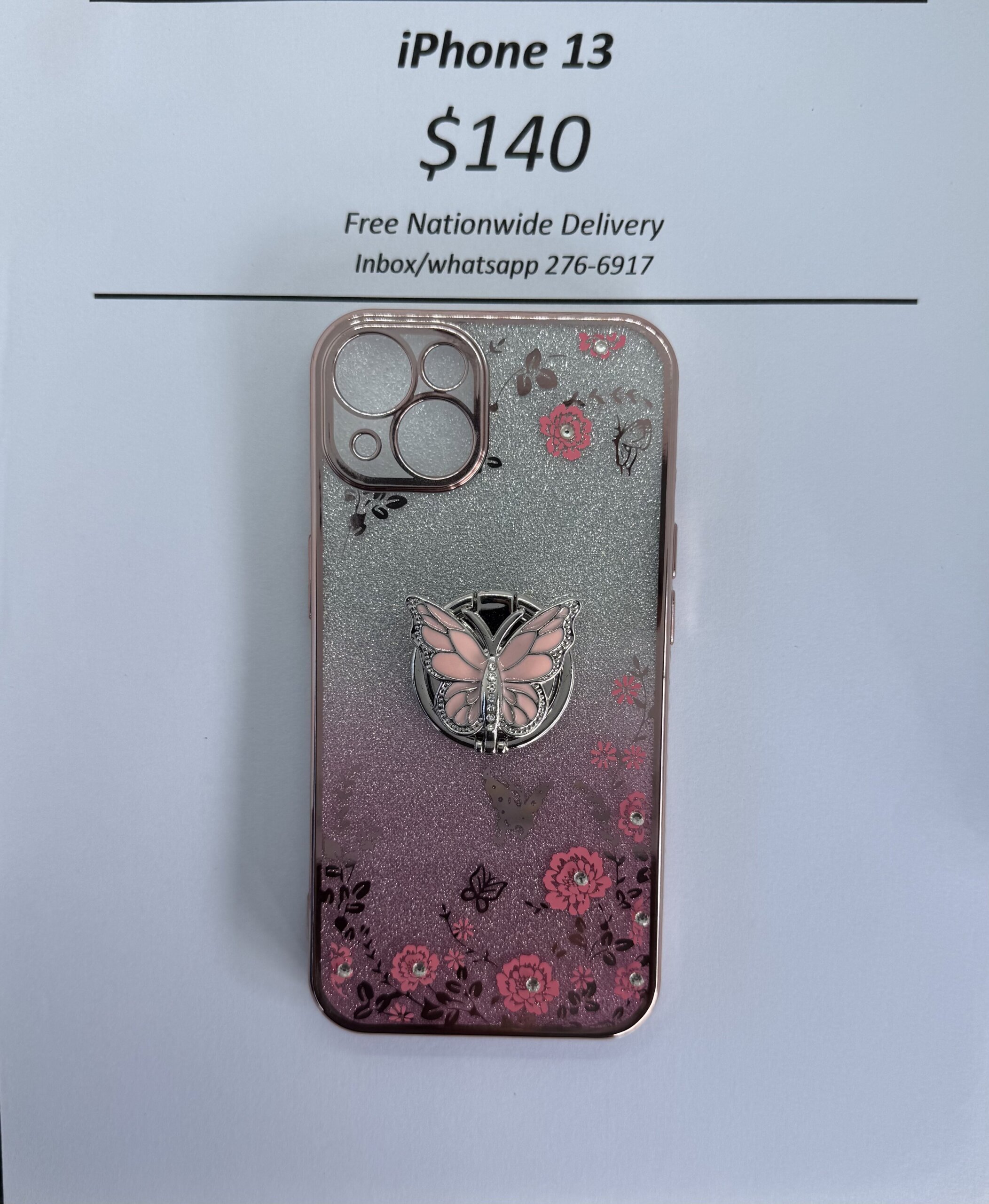 iPhone 13 Pink Glitter Butterfly with Pop Ring