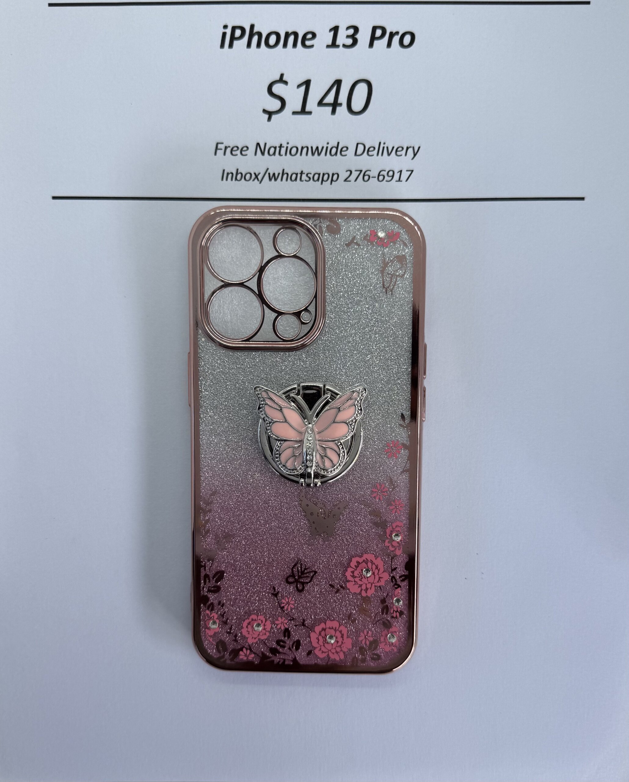 iPhone 13 Pro Pink Glitter Butterfly with Pop Ring