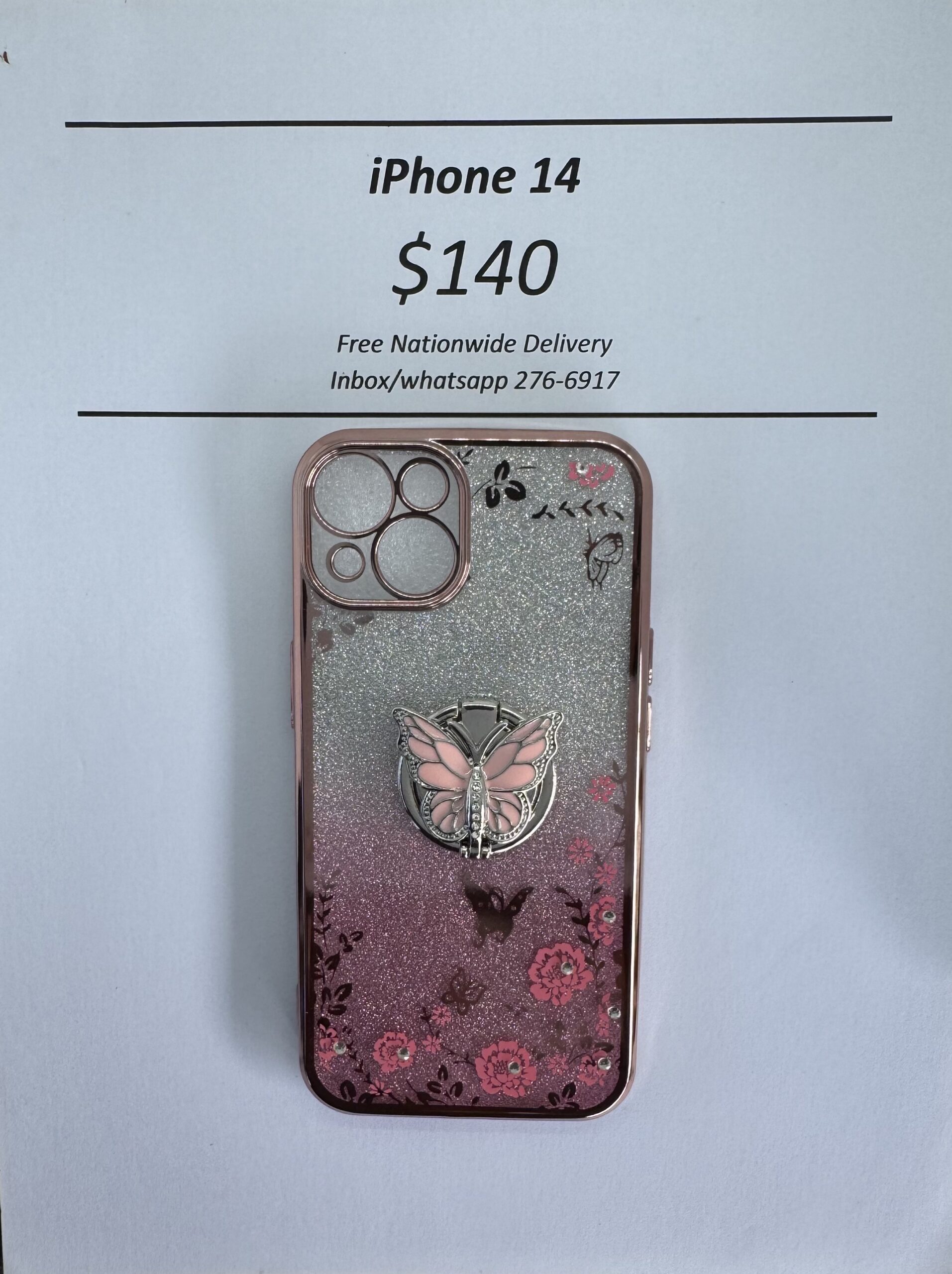 iPhone 14 Pink Glitter Butterfly with Pop Ring