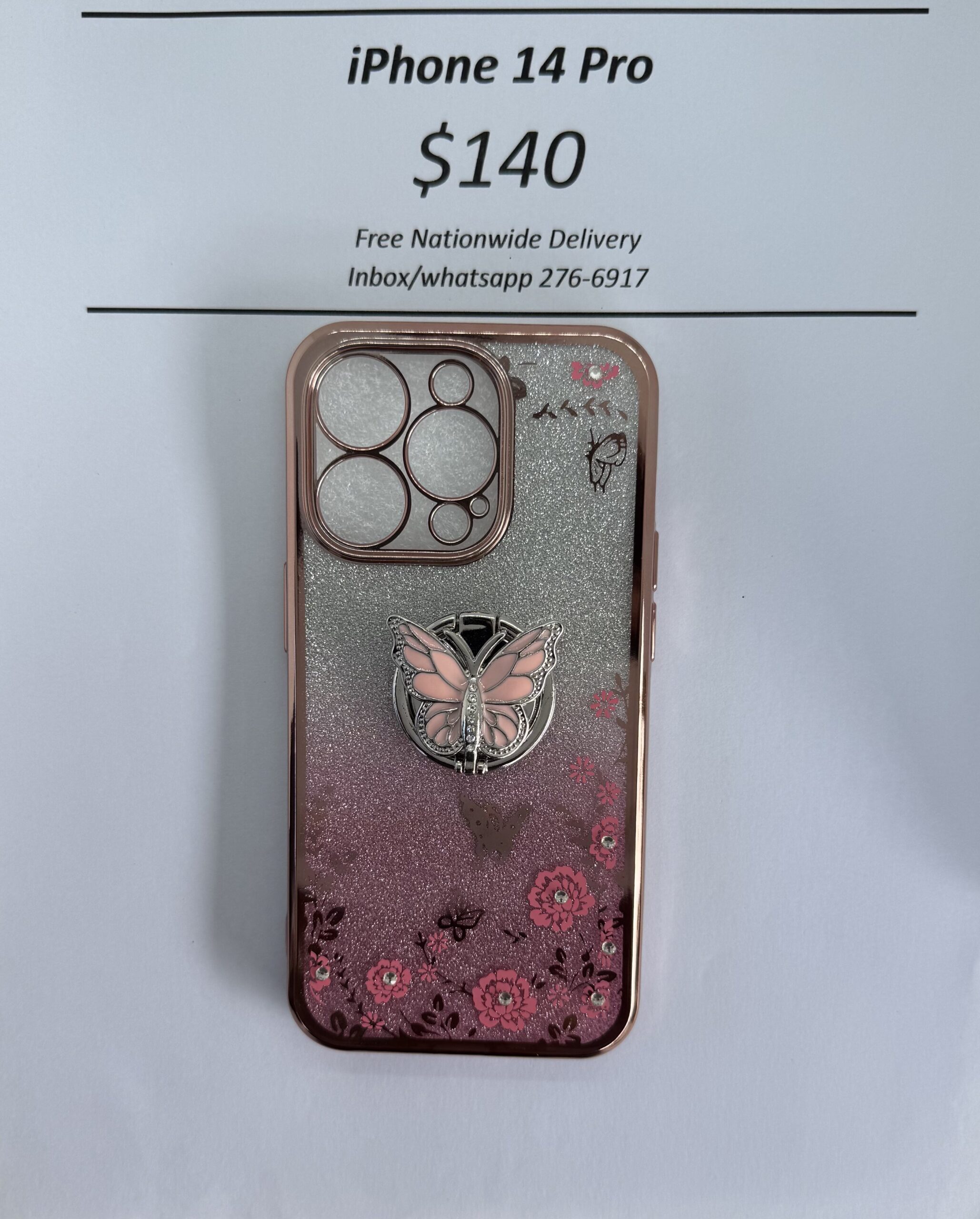 iPhone 14 Pro Pink Glitter Butterfly with Pop Ring
