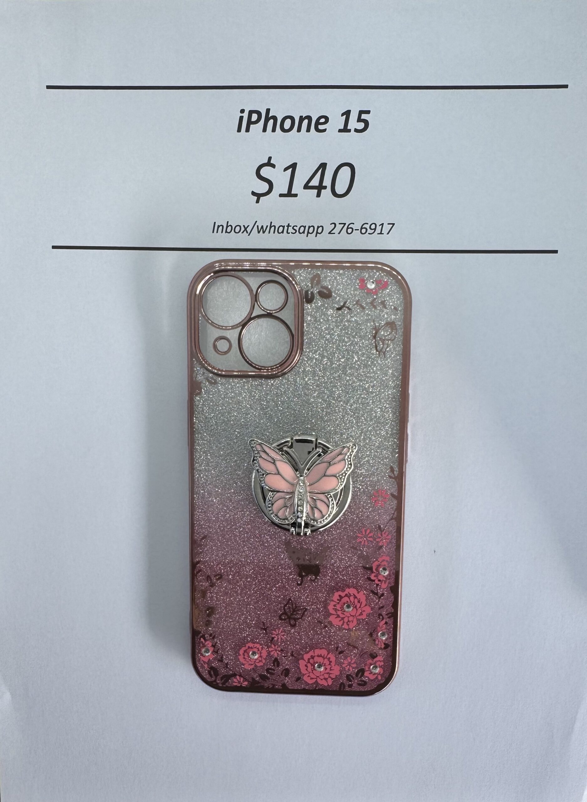 iPhone 15 Pink Glitter Butterfly with Pop Ring