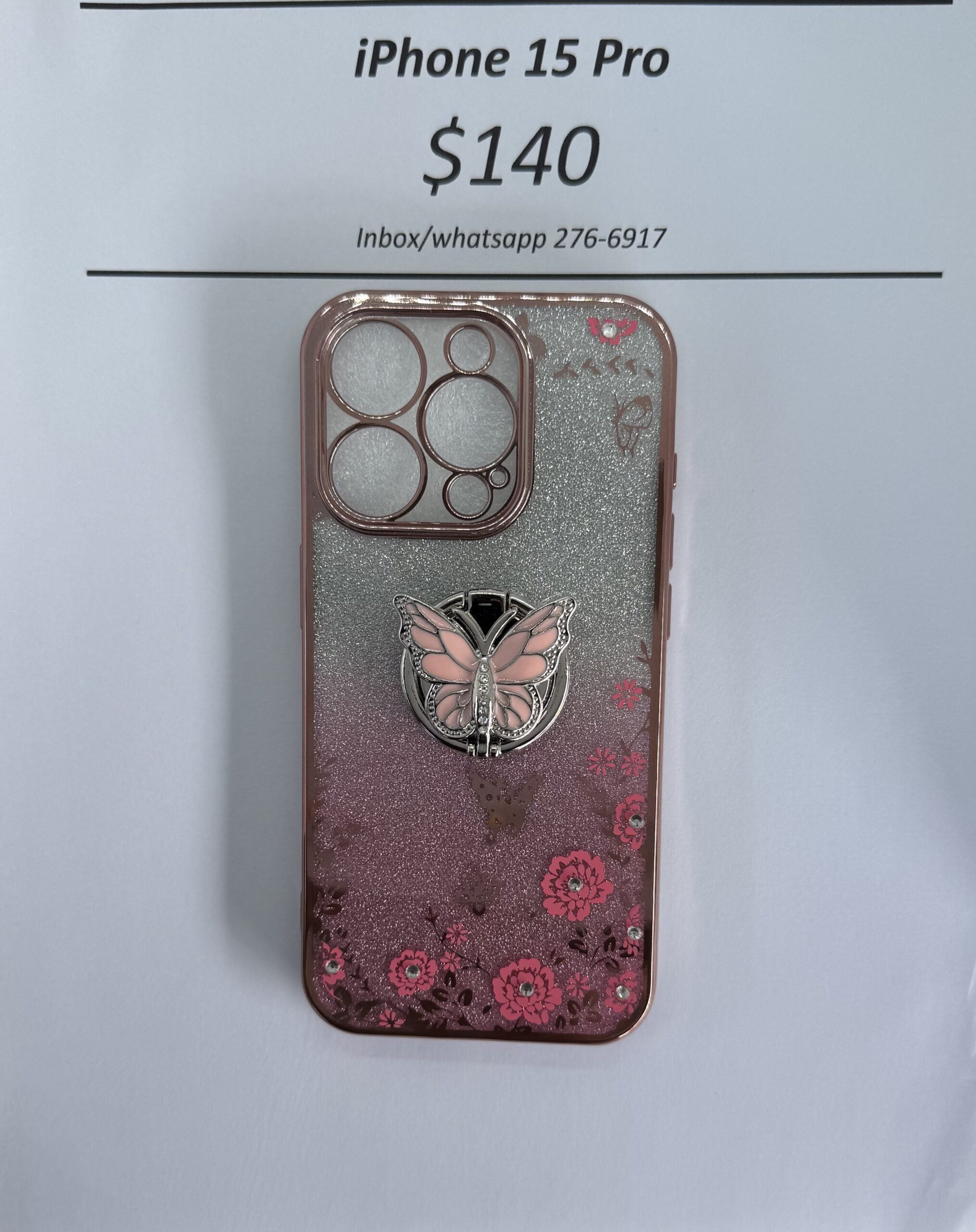 iPhone 15 Pro Pink Glitter Butterfly with Pop Ring