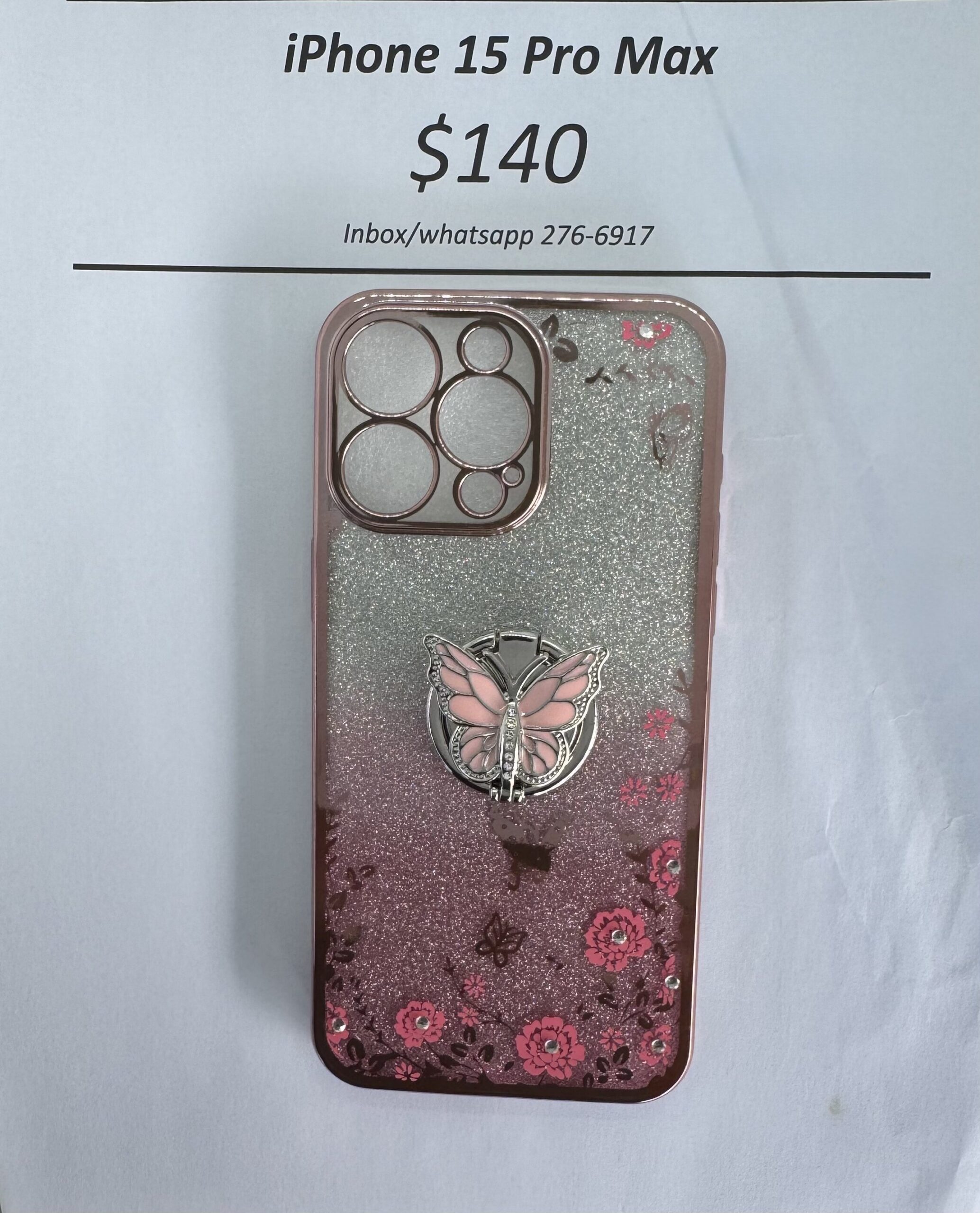 iPhone 15 Pro Max Pink Glitter Butterfly with Pop Ring