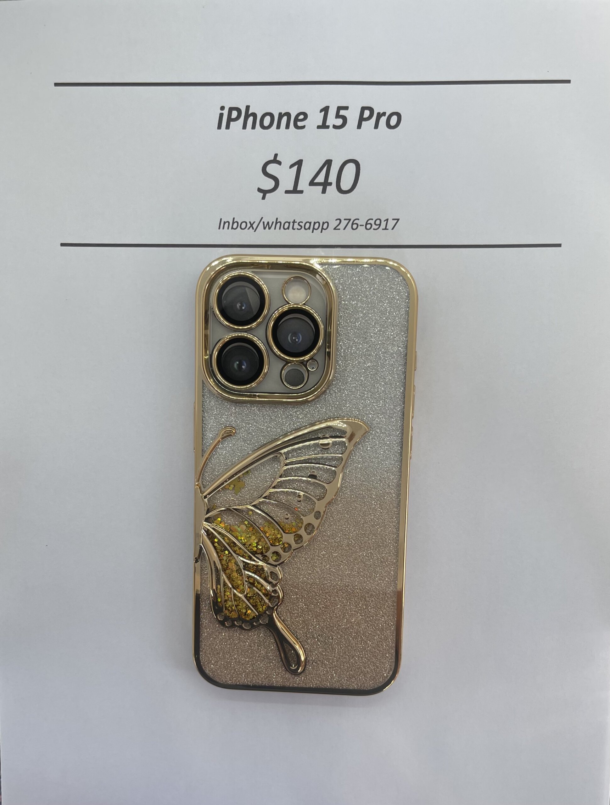 iPhone 15 Pro Gold Glitter Butterfly case