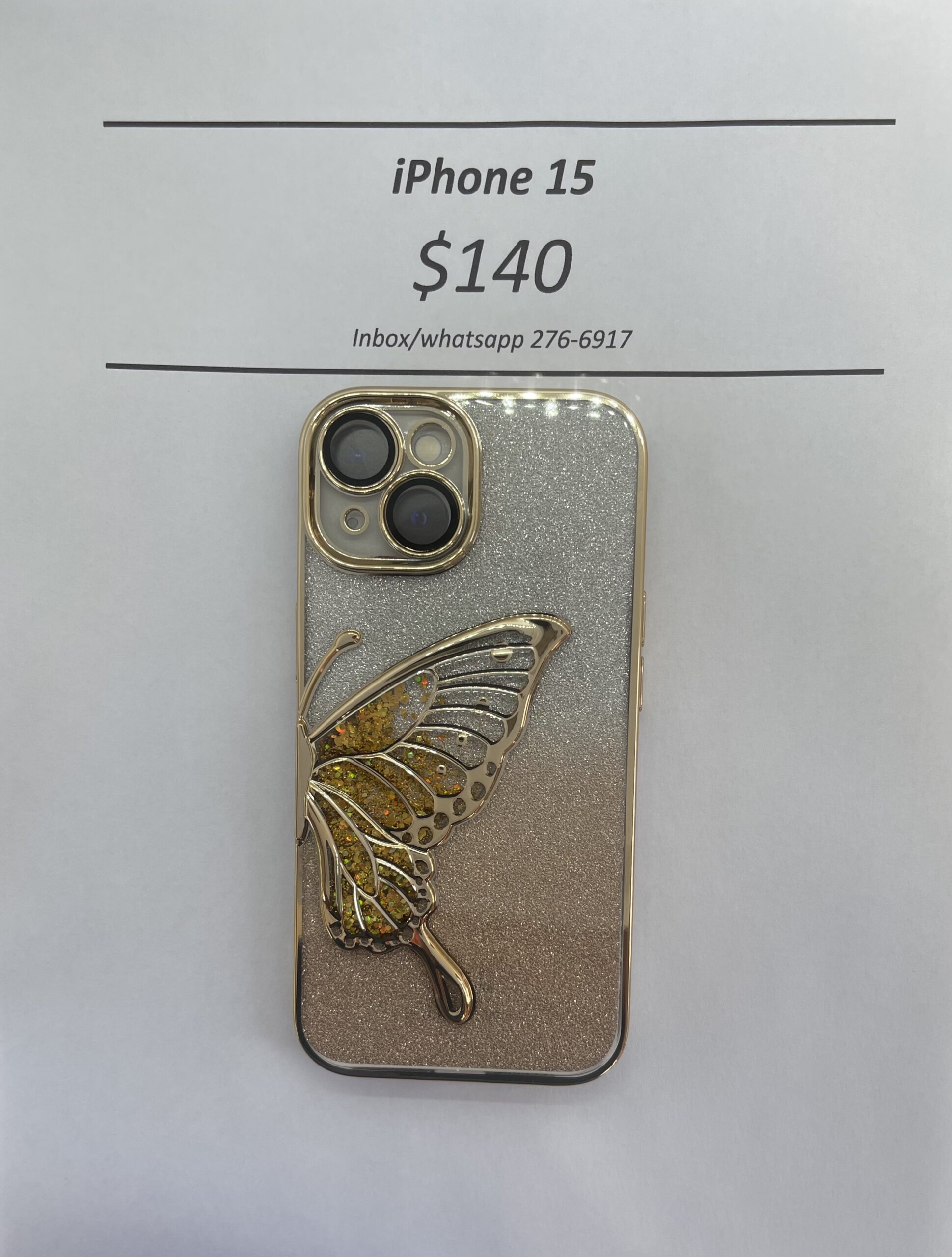 iPhone 15 Gold Glitter Butterfly case