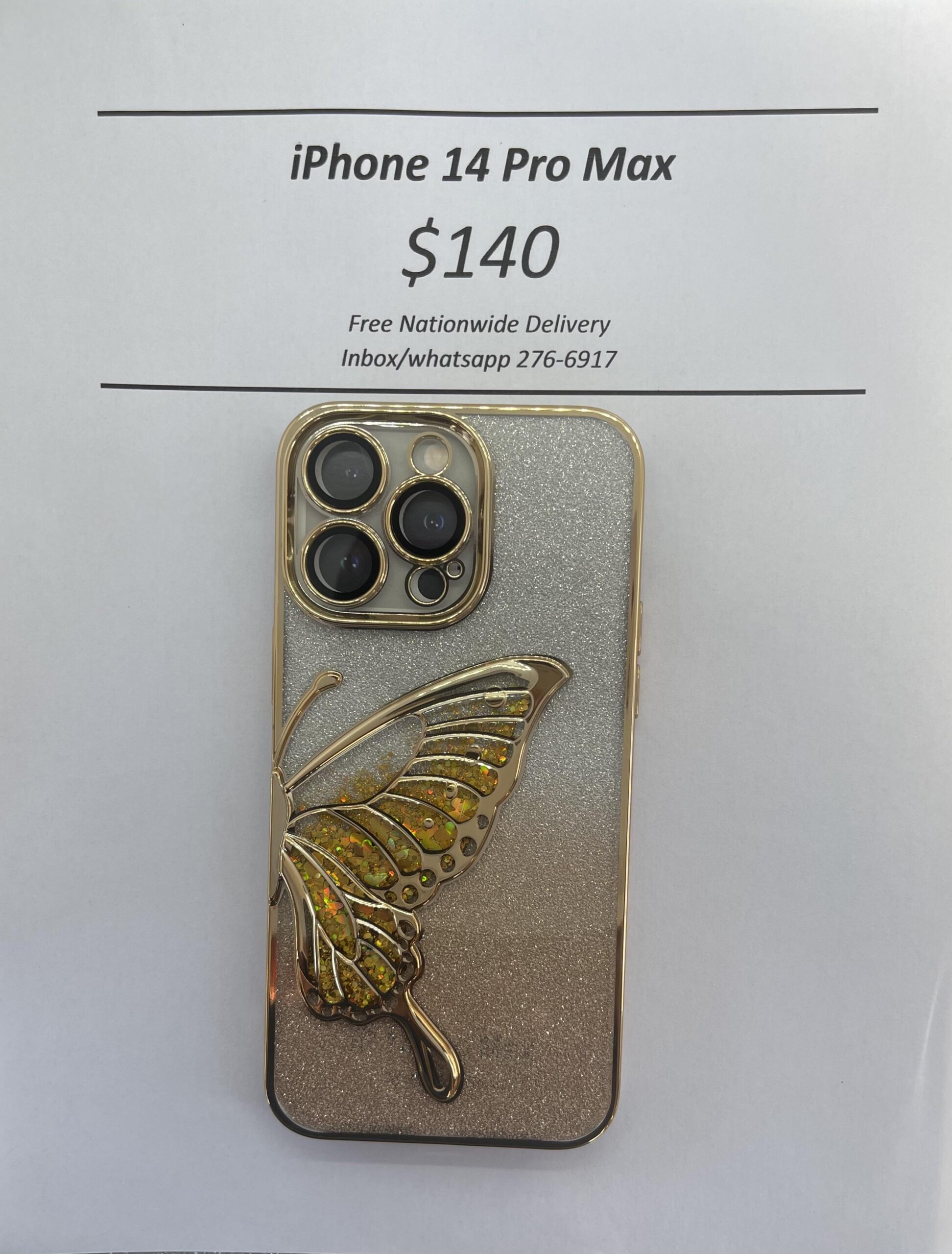 iPhone 14 Pro Max Gold Glitter Butterfly case