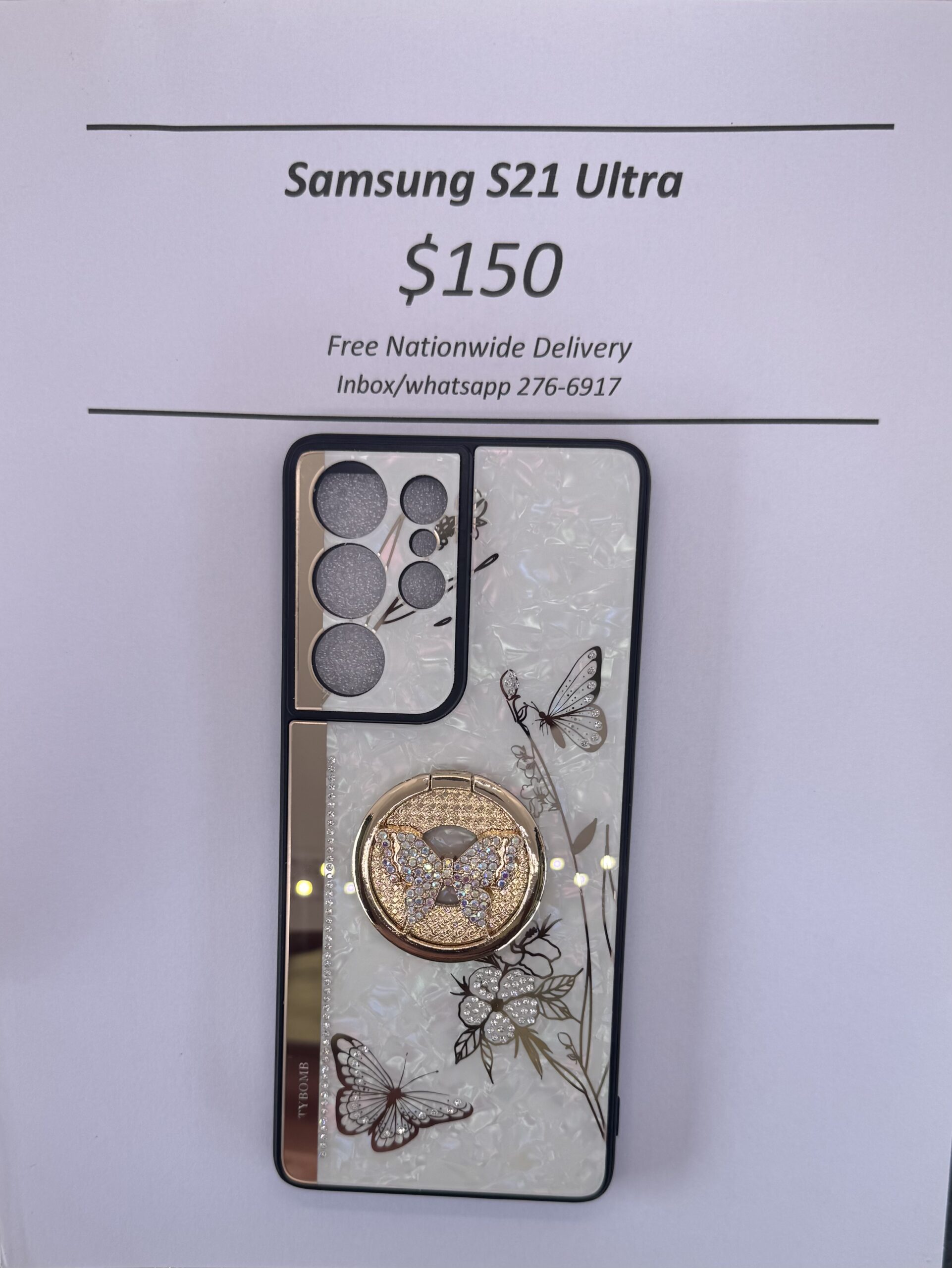 S21 Ultra White and Gold Butterfly Case