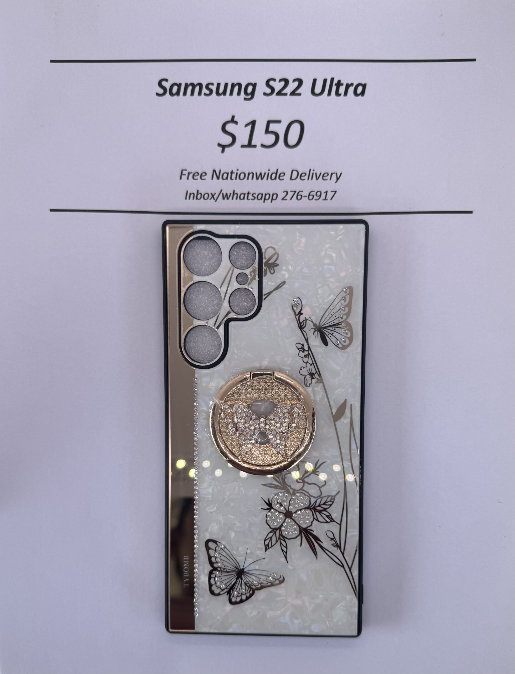 S22 Ultra White and Gold Butterfly Case