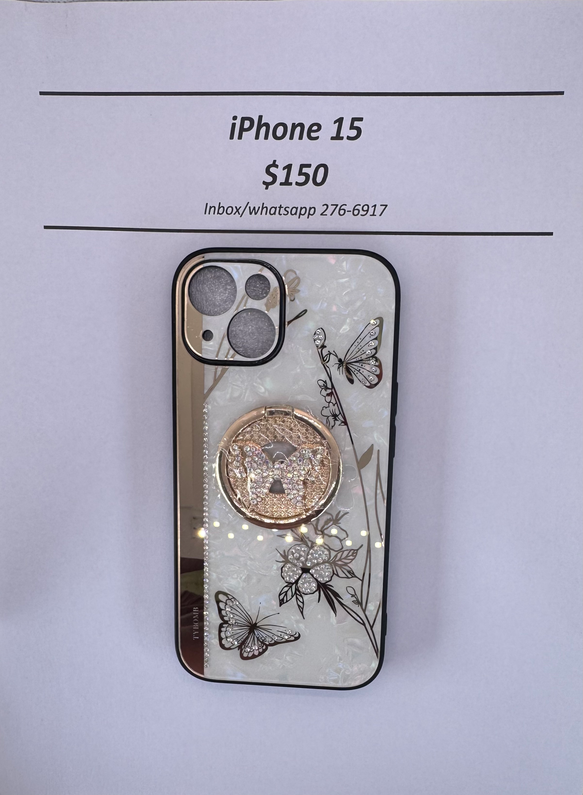 iPhone 15 White and Gold Butterfly Case