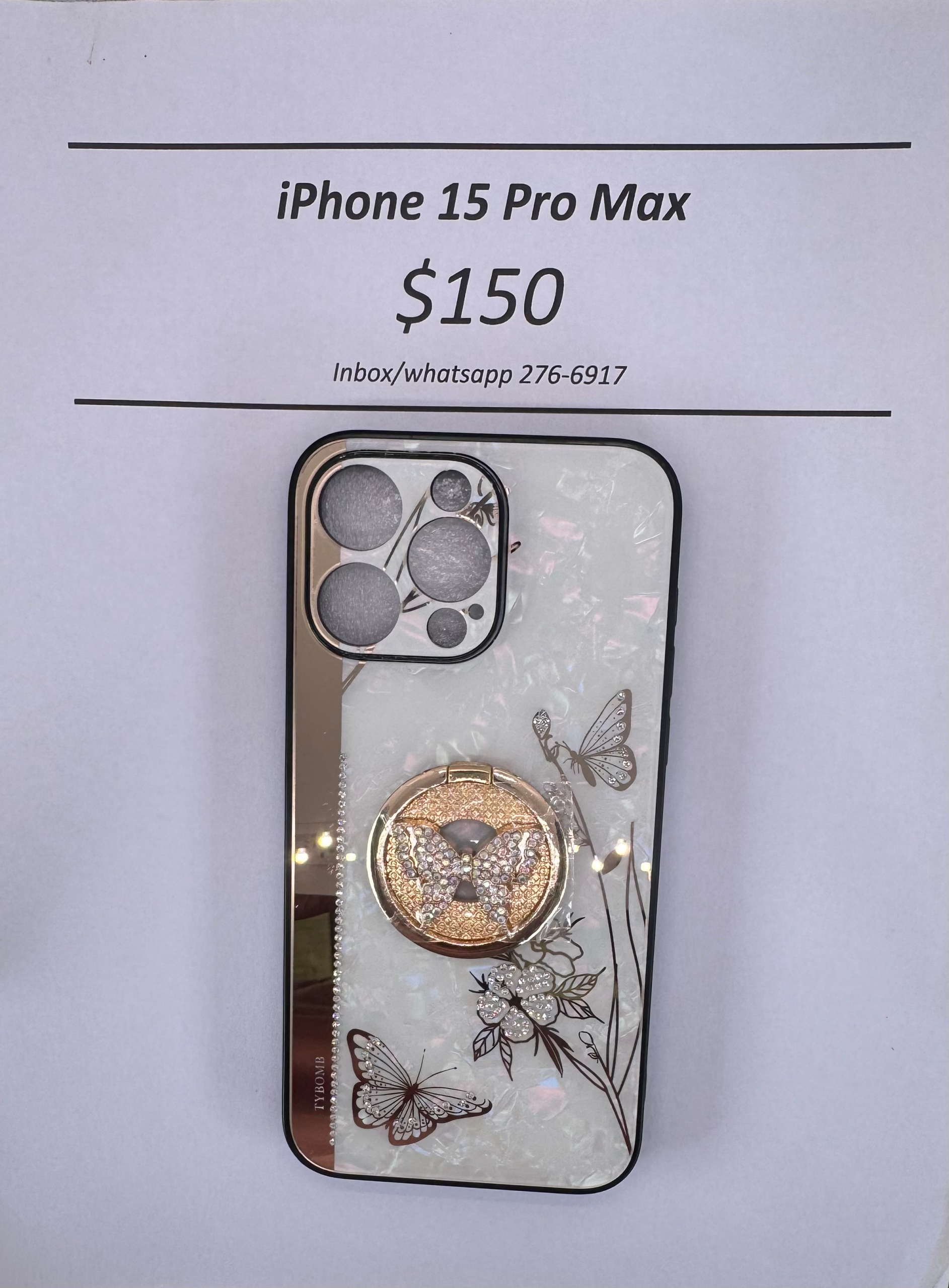 iPhone 15 Pro Max White and Gold Butterfly Case