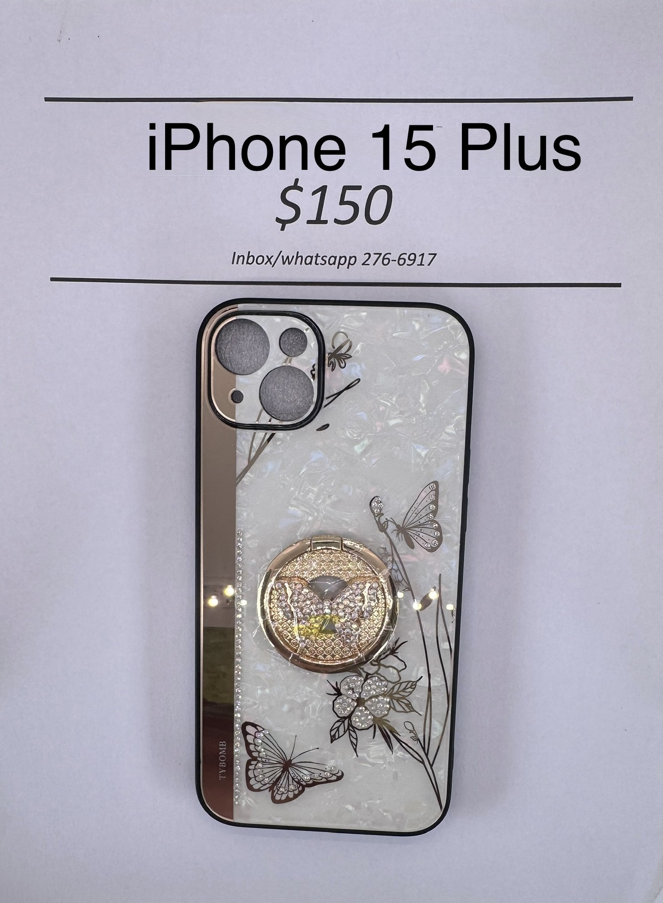 iPhone 15+ White and Gold Butterfly Case