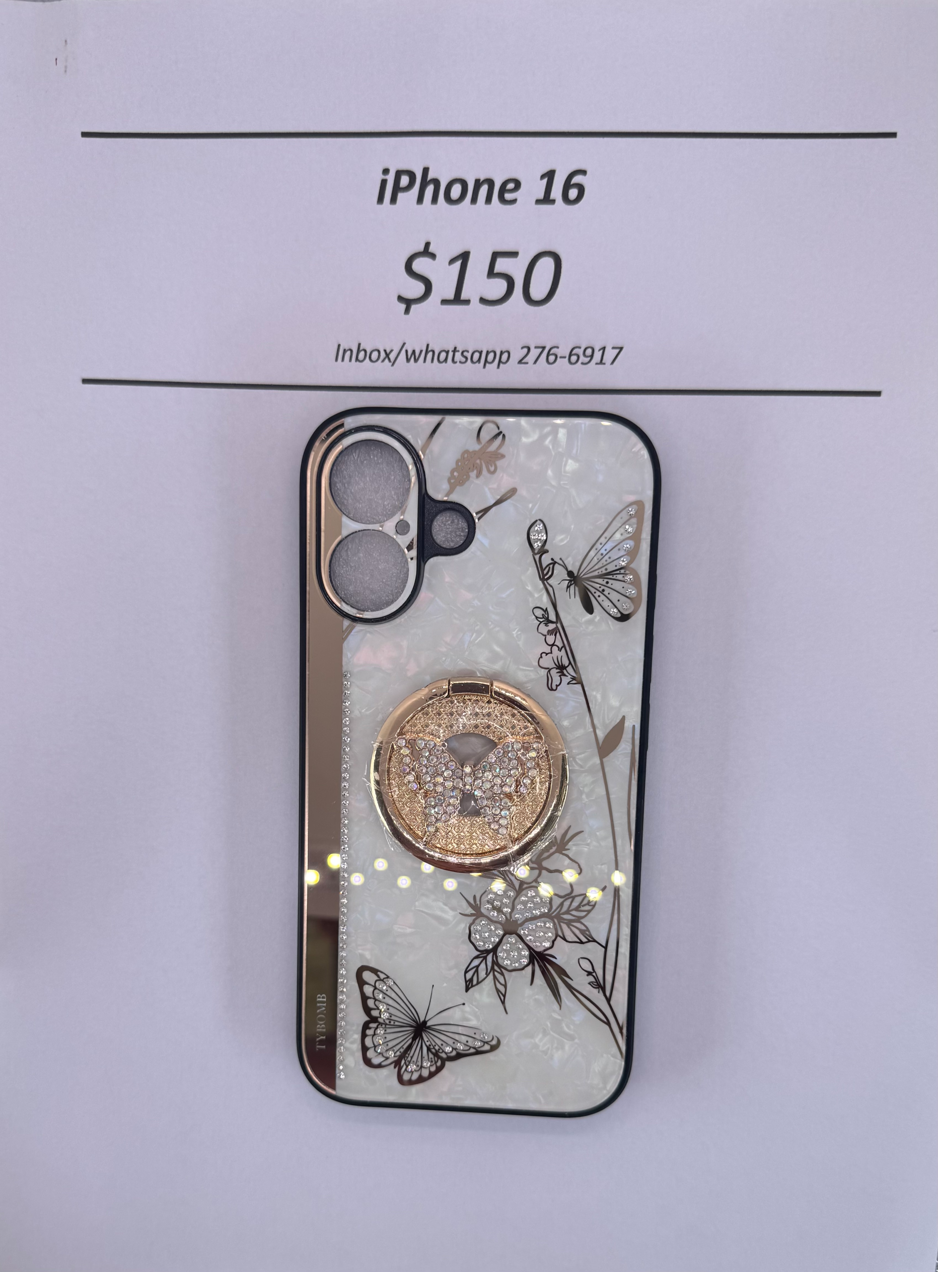 iPhone 16 White and Gold Butterfly Case