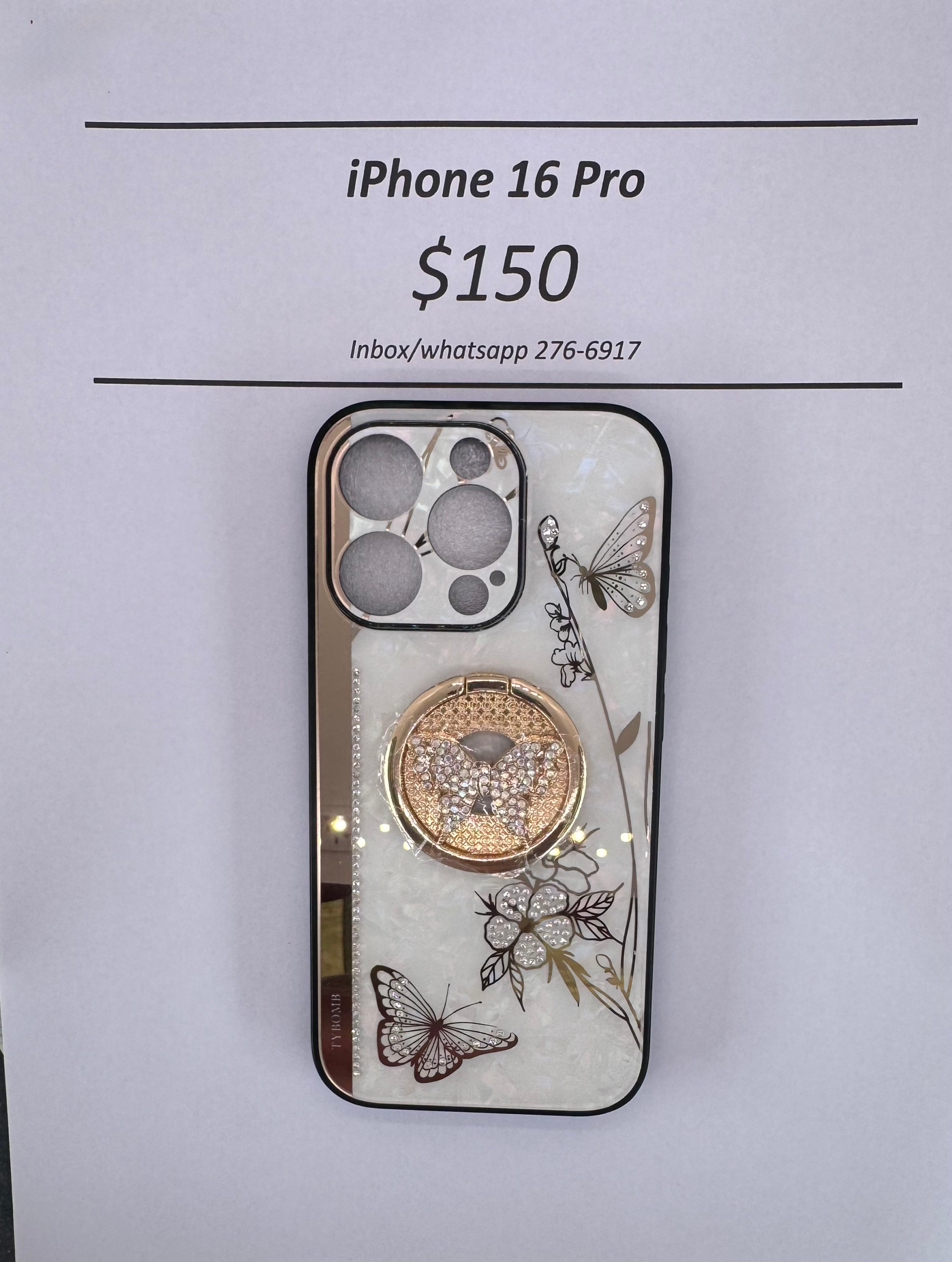 iPhone 16 Pro White and Gold Butterfly Case