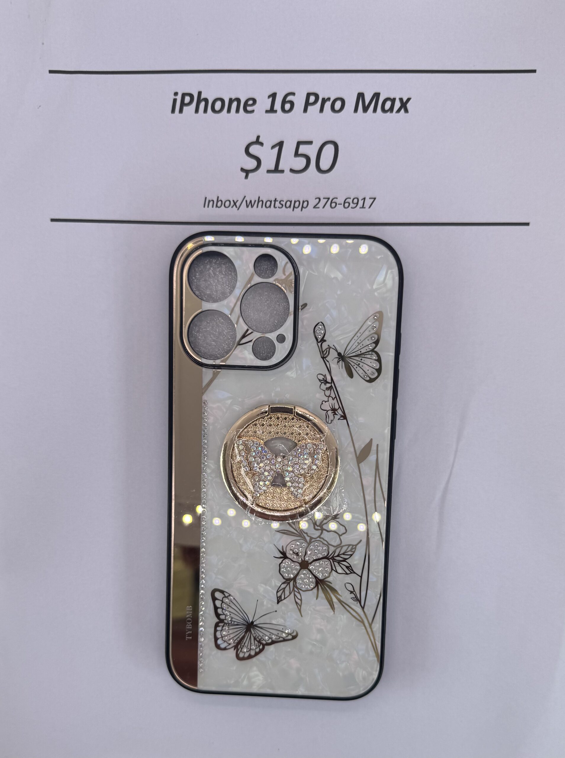 iPhone 16 Pro Max White and Gold Butterfly Case