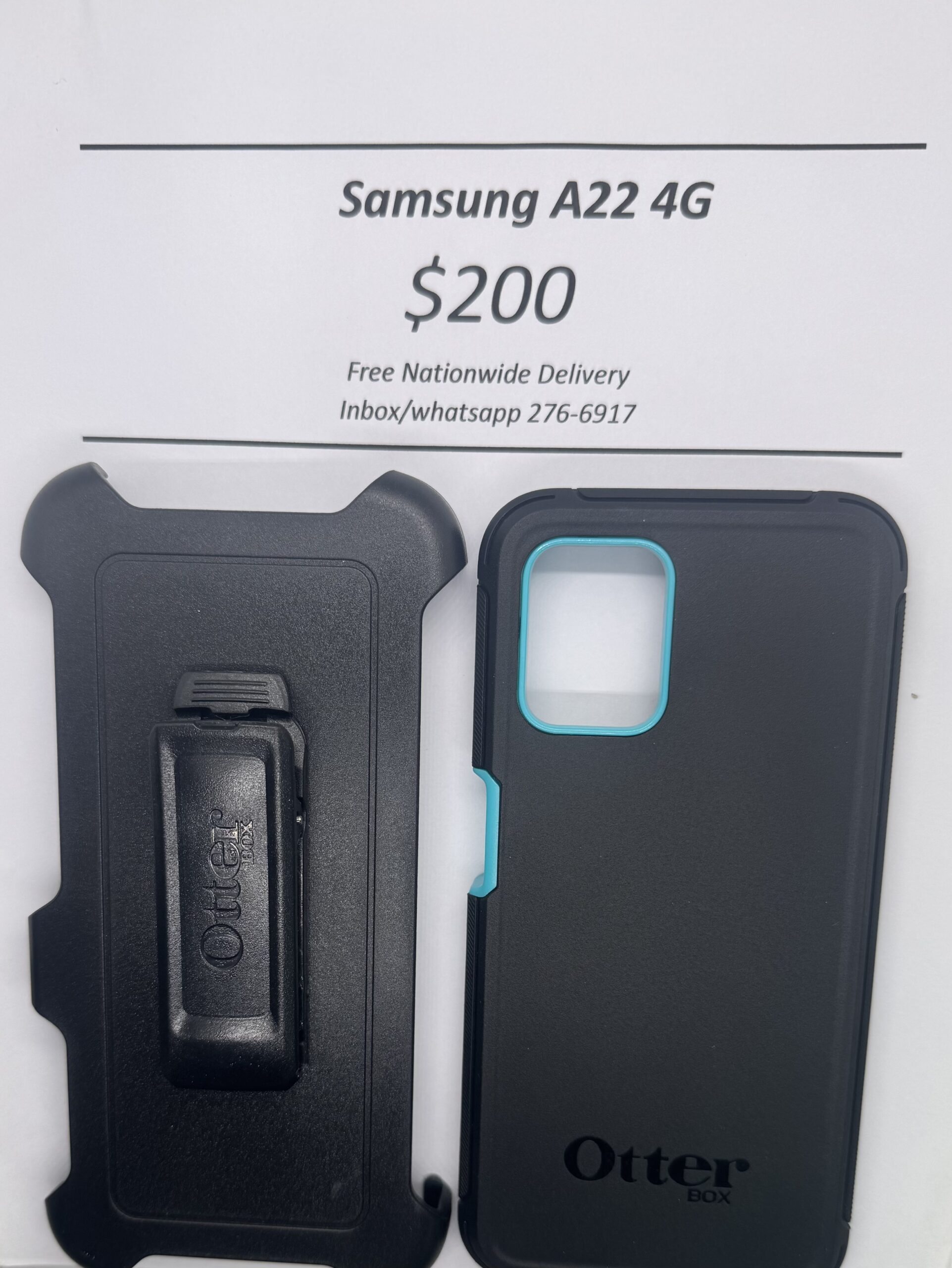 A22 4G Ultra Black with Light Blue Otterbox Defender