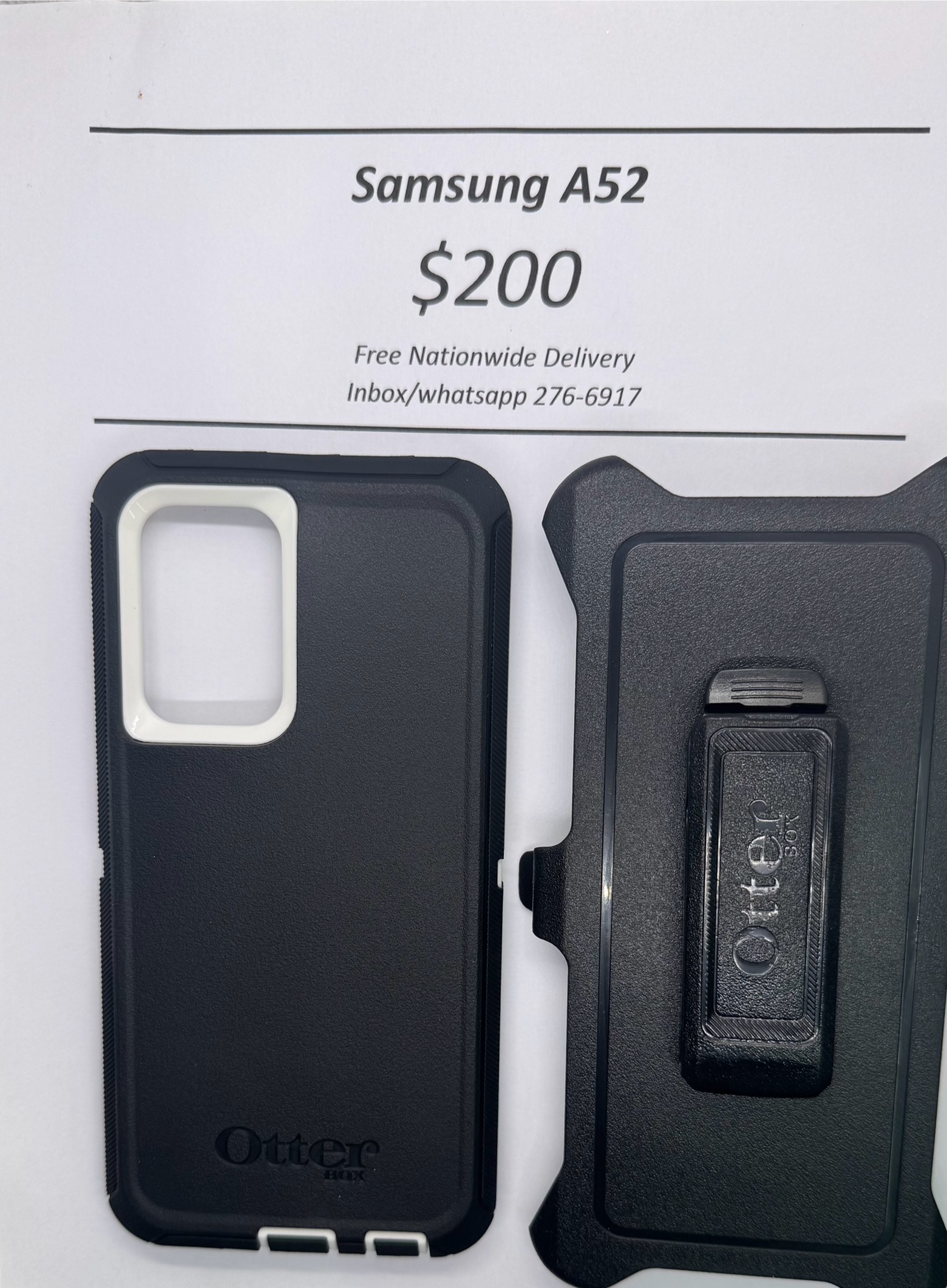 A52 Black with White Otterbox Defender