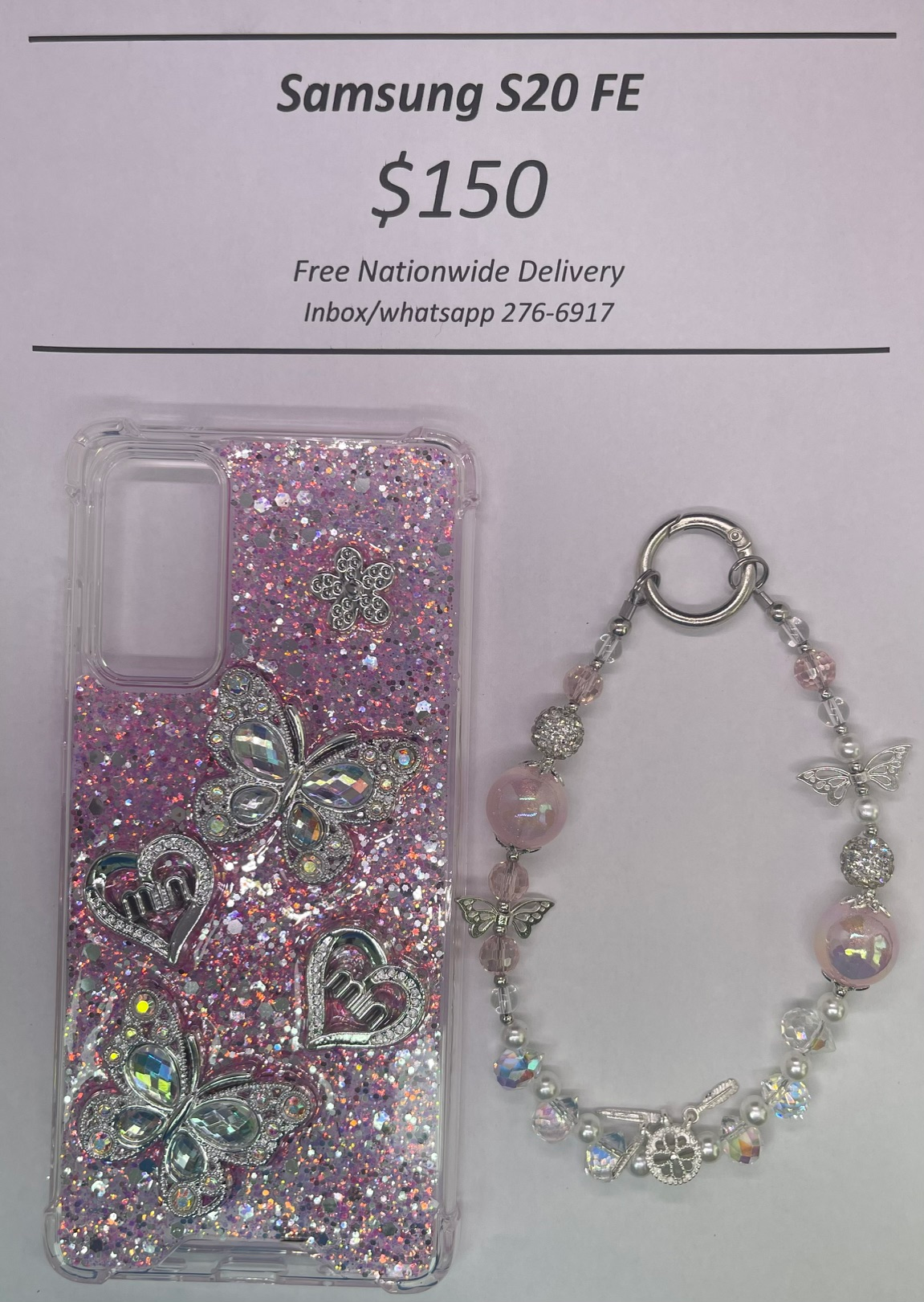 S20 FE Silver and Pink Butterfly with Charm