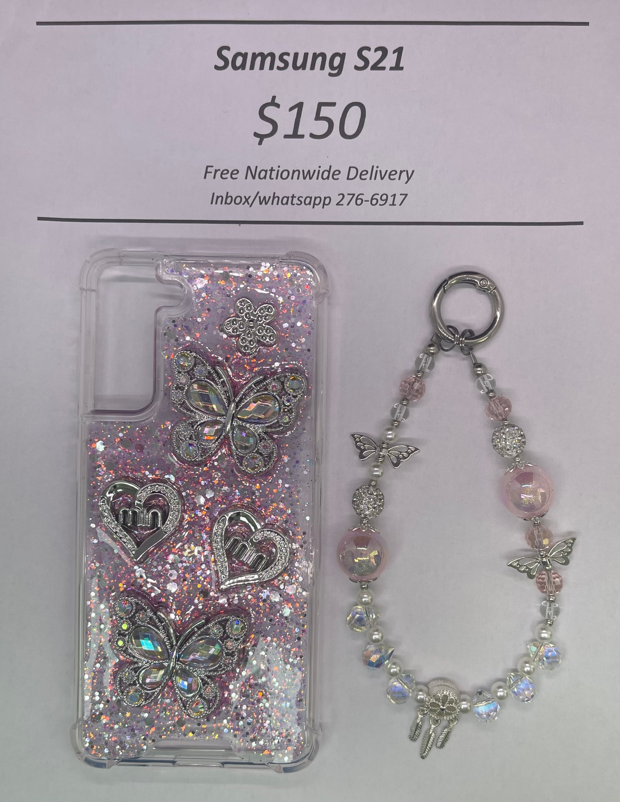 S21 Silver and Pink Butterfly with Charm