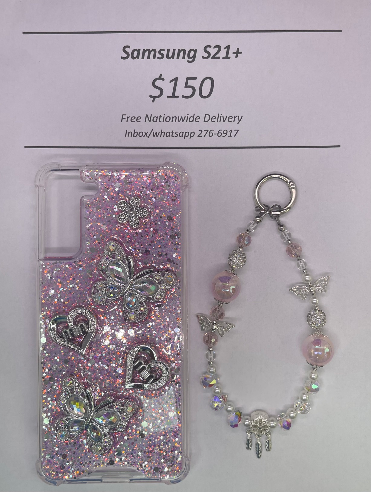 S21+ Silver and Pink Butterfly with Charm