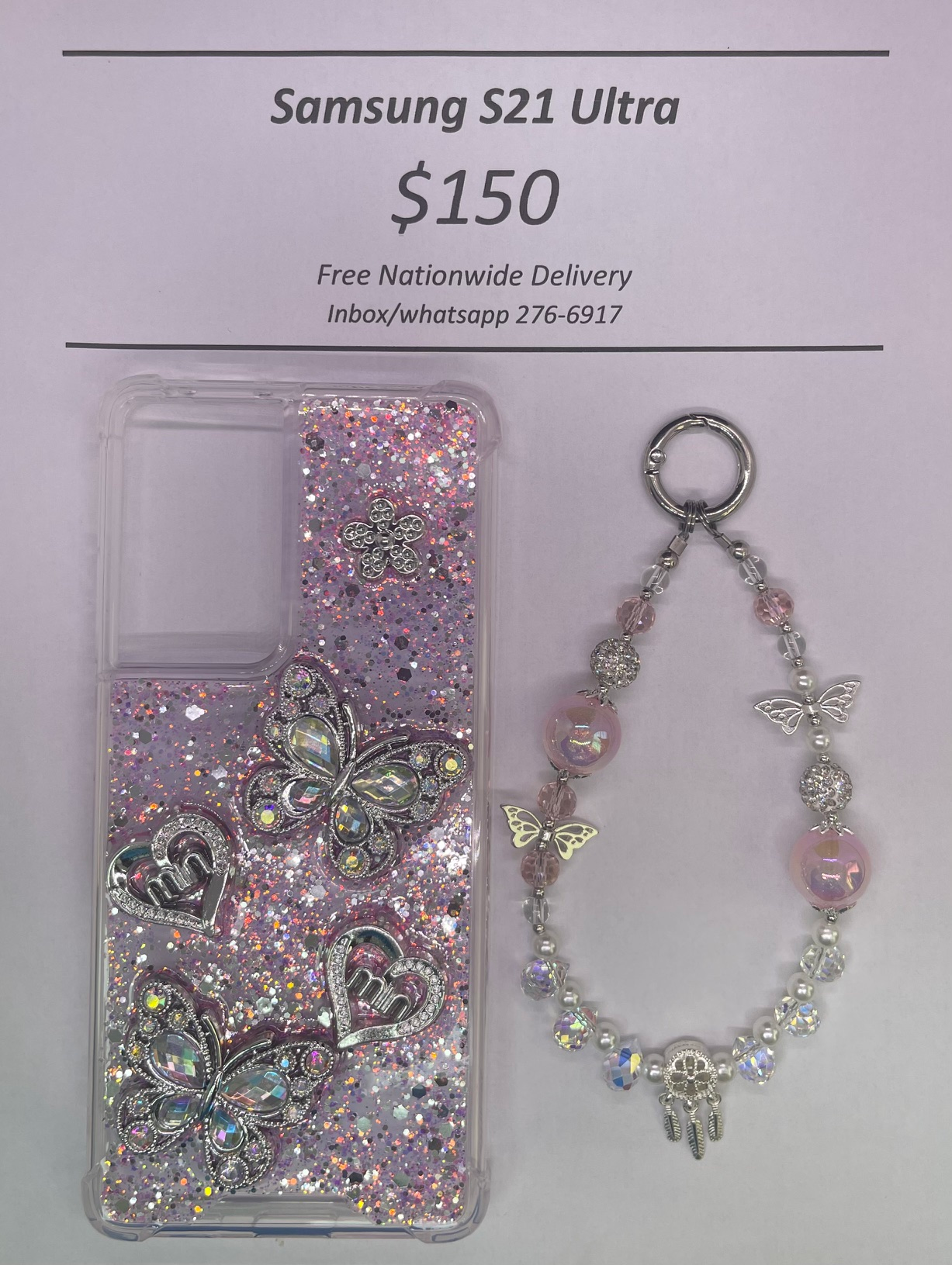 S21 Ultra Silver and Pink Butterfly with Charm