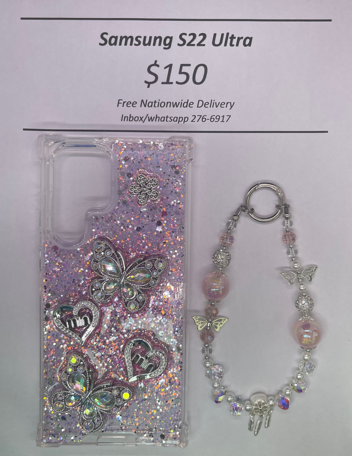 S22 Ultra Silver and Pink Butterfly with Charm