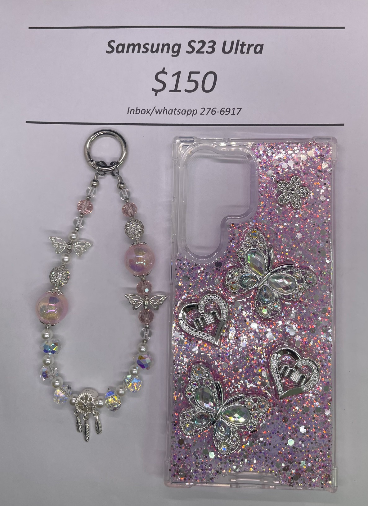S23 Ultra Silver and Pink Butterfly with Charm