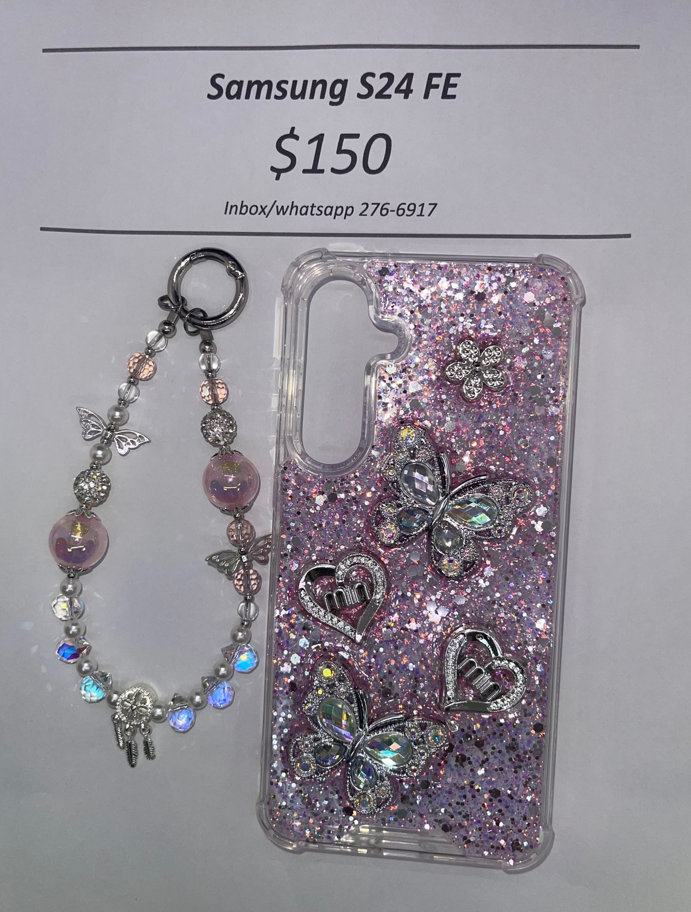 S24 FE Silver and Pink Butterfly with Charm