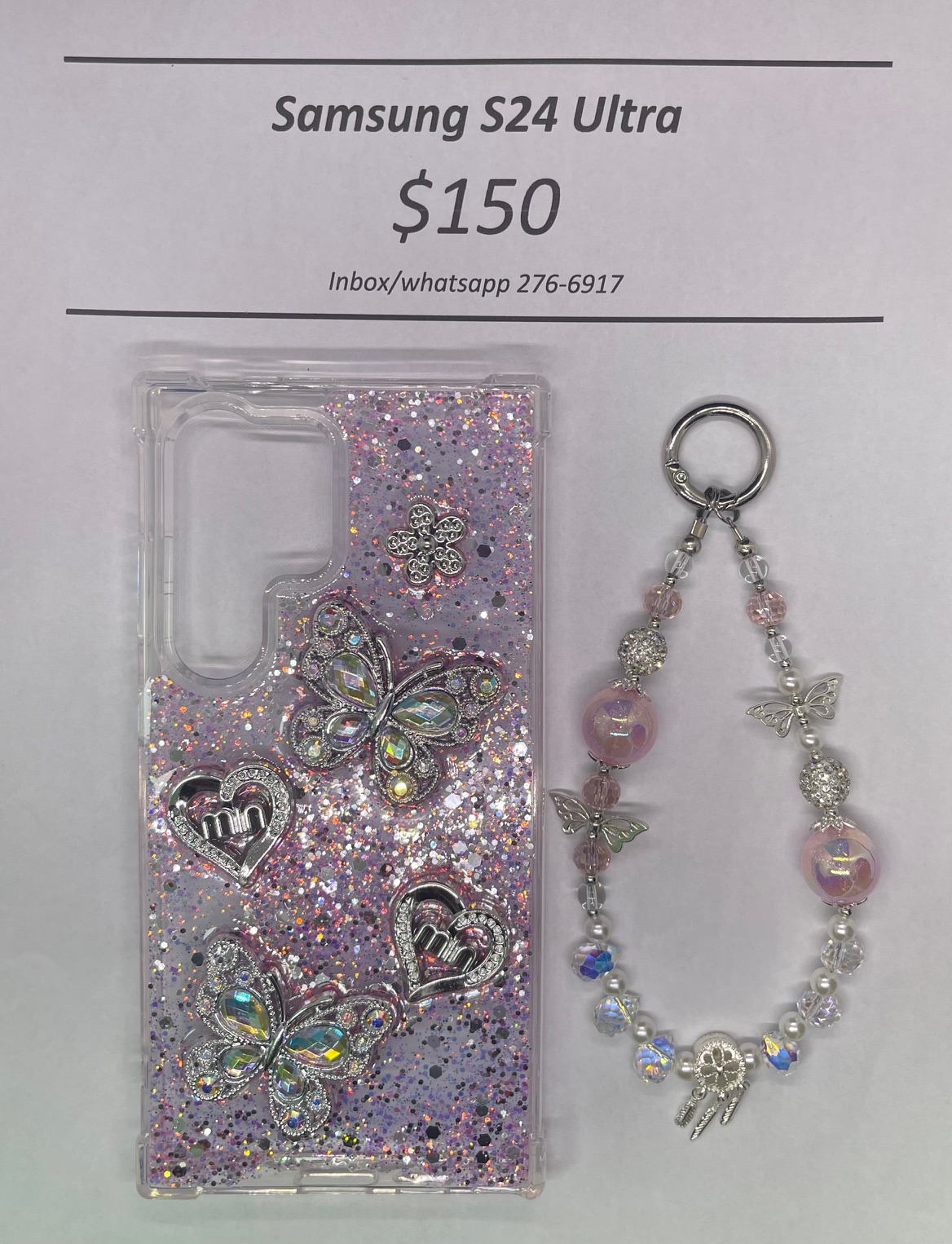 S24 Ultra Silver and Pink Butterfly with Charm