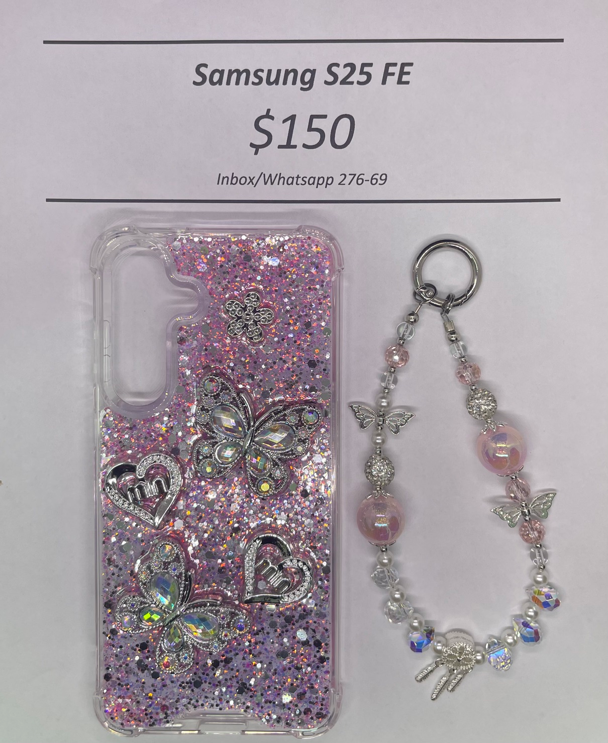 S25 FE Silver and Pink Butterfly with Charm