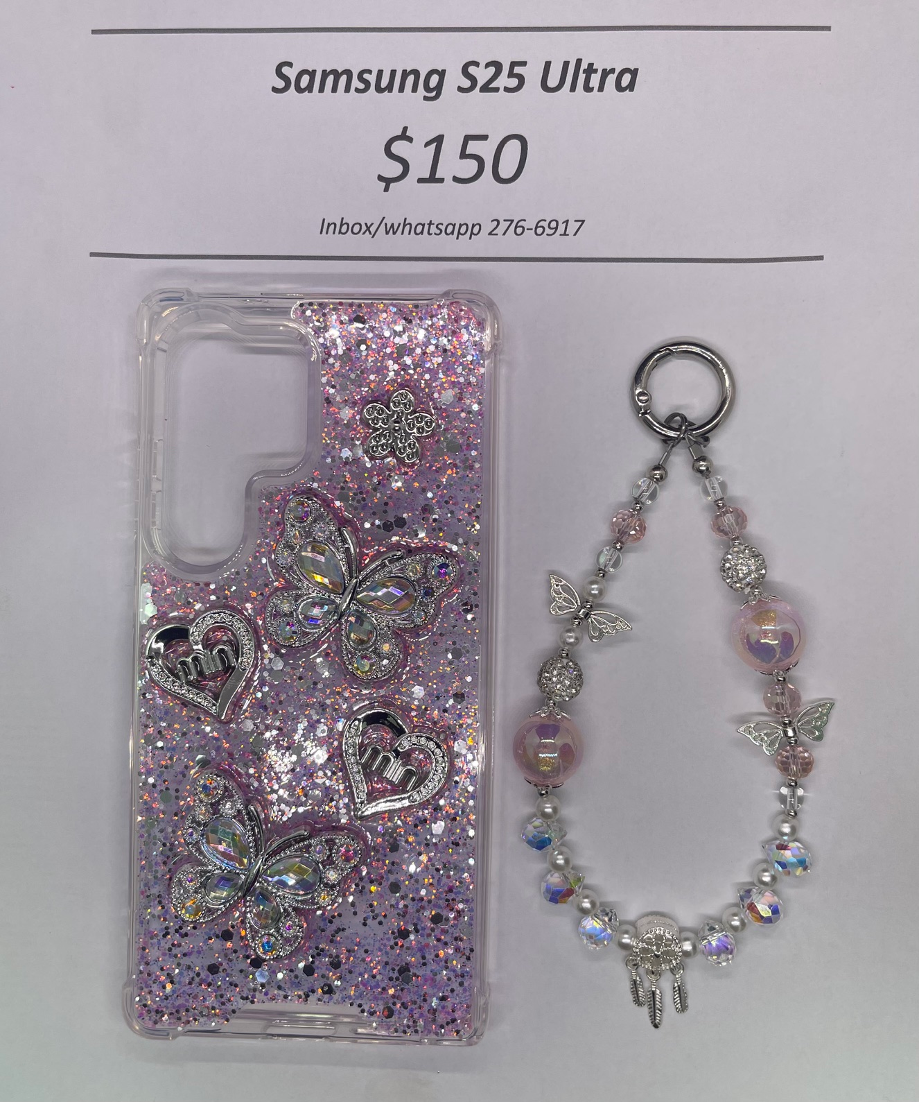 S25 Ultra Silver and Pink Butterfly with Charm
