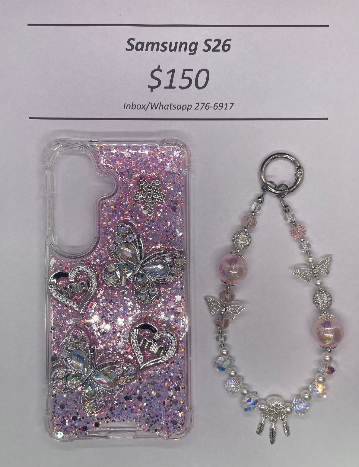 S26 Silver and Pink Butterfly with Charm