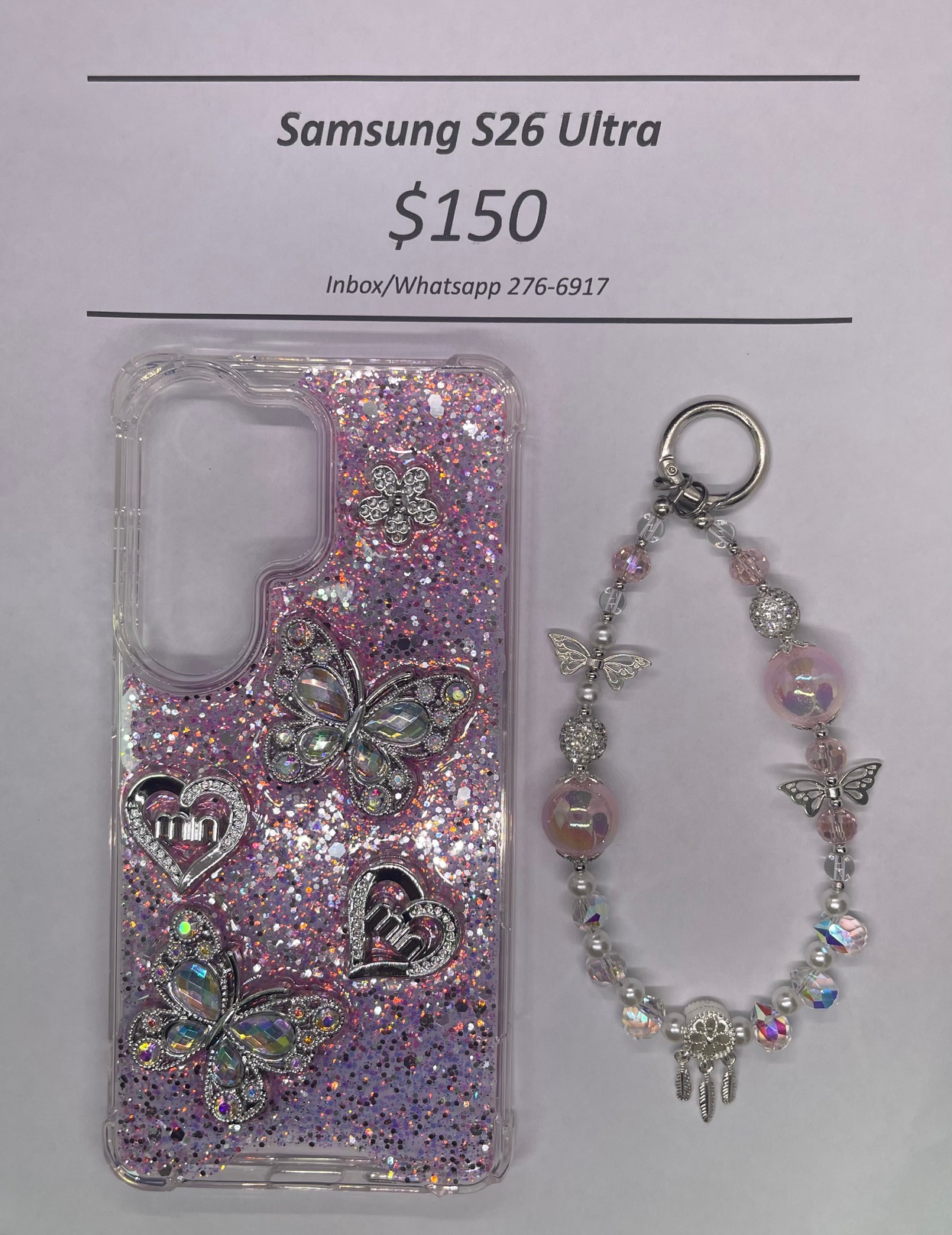 S26 Ultra Silver and Pink Butterfly with Charm